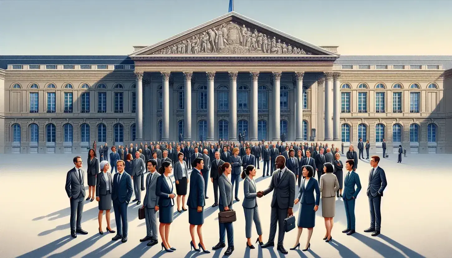 Diverse professionals in business attire meet outside a neoclassical French government building, with a handshake between a woman and a man.