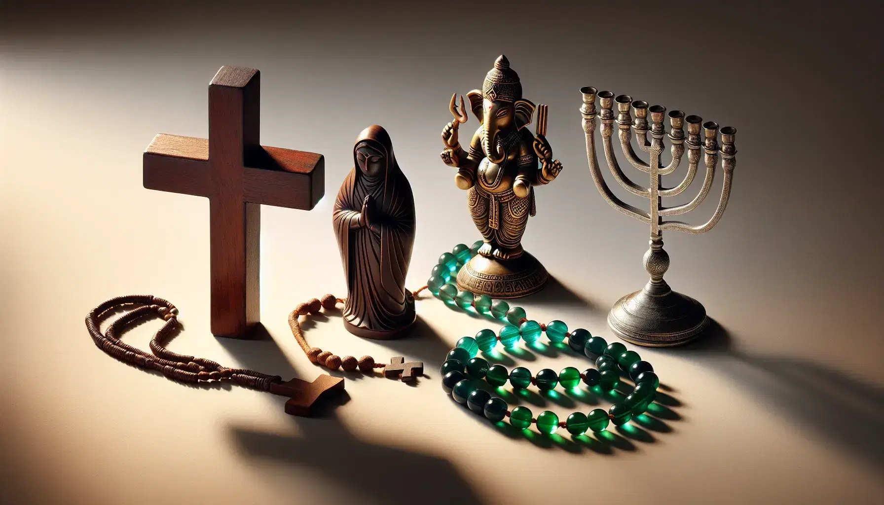 Croce cristiana in legno, rosario musulmano verde, statuetta di Ganesha in bronzo e menorah ebraica in metallo argenteo su sfondo neutro.