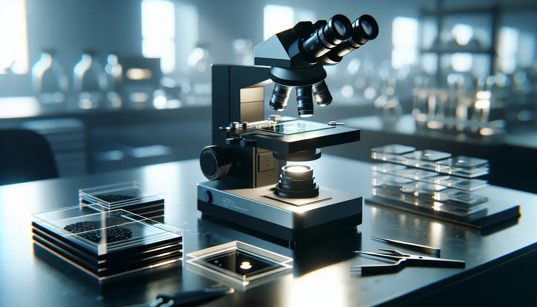 Microscopio ottico nero e argento su tavolo da laboratorio con obiettivi, vetrino illuminato e pinzette, in ambiente scientifico sfocato.