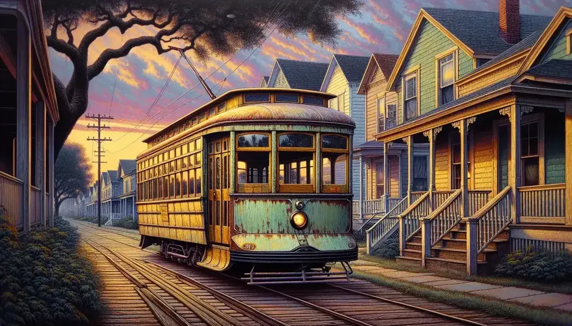 Vintage green streetcar on tracks through a historic neighborhood at dusk, with pastel-colored houses, a large oak tree, and Spanish moss.
