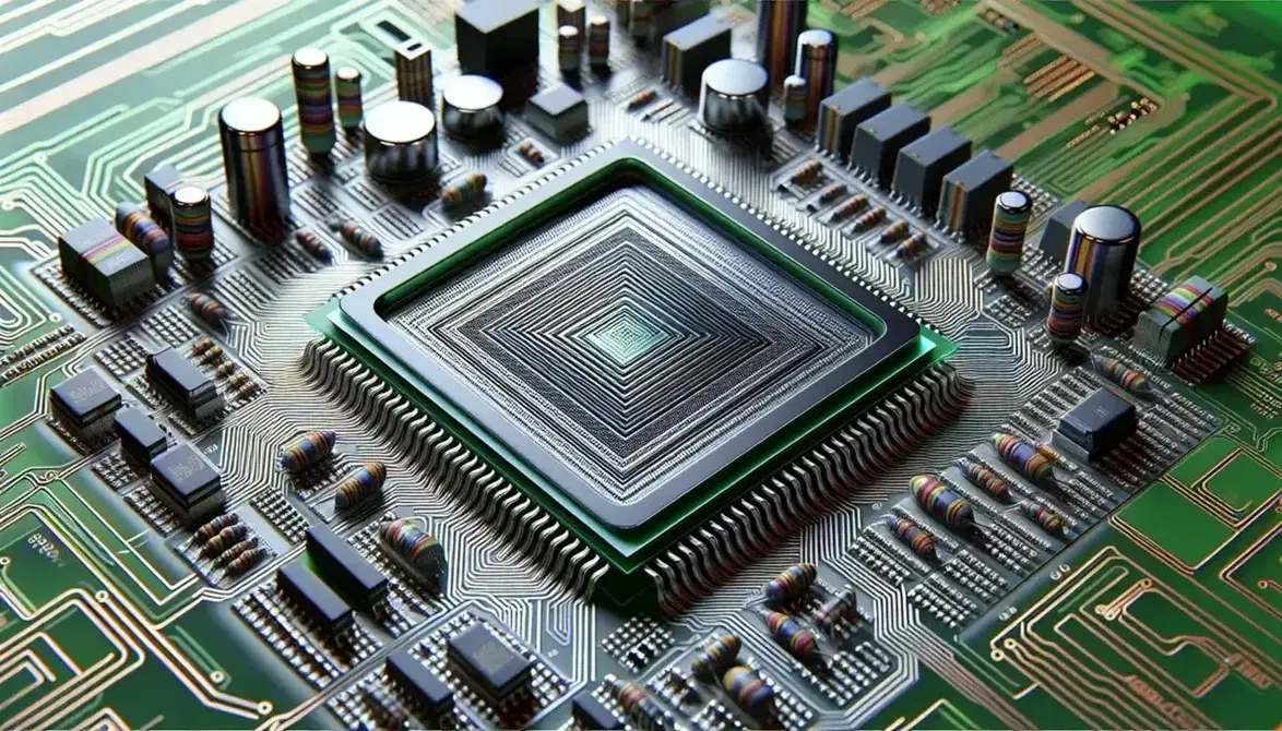 Silicone microprocessor on green PCB board with resistors, capacitors and transistors, etched circuit details and metallic colors.