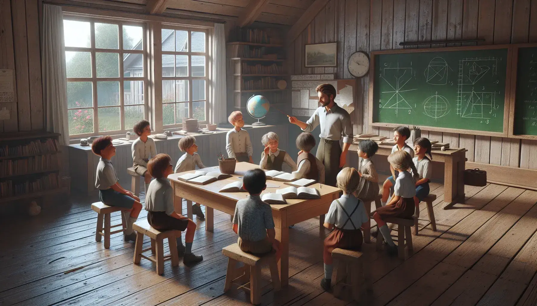 Aula rural con maestro y niños atentos alrededor de una mesa con un libro, estantería con libros y objetos educativos, pizarra verde y escena campestre visible a través de la ventana.