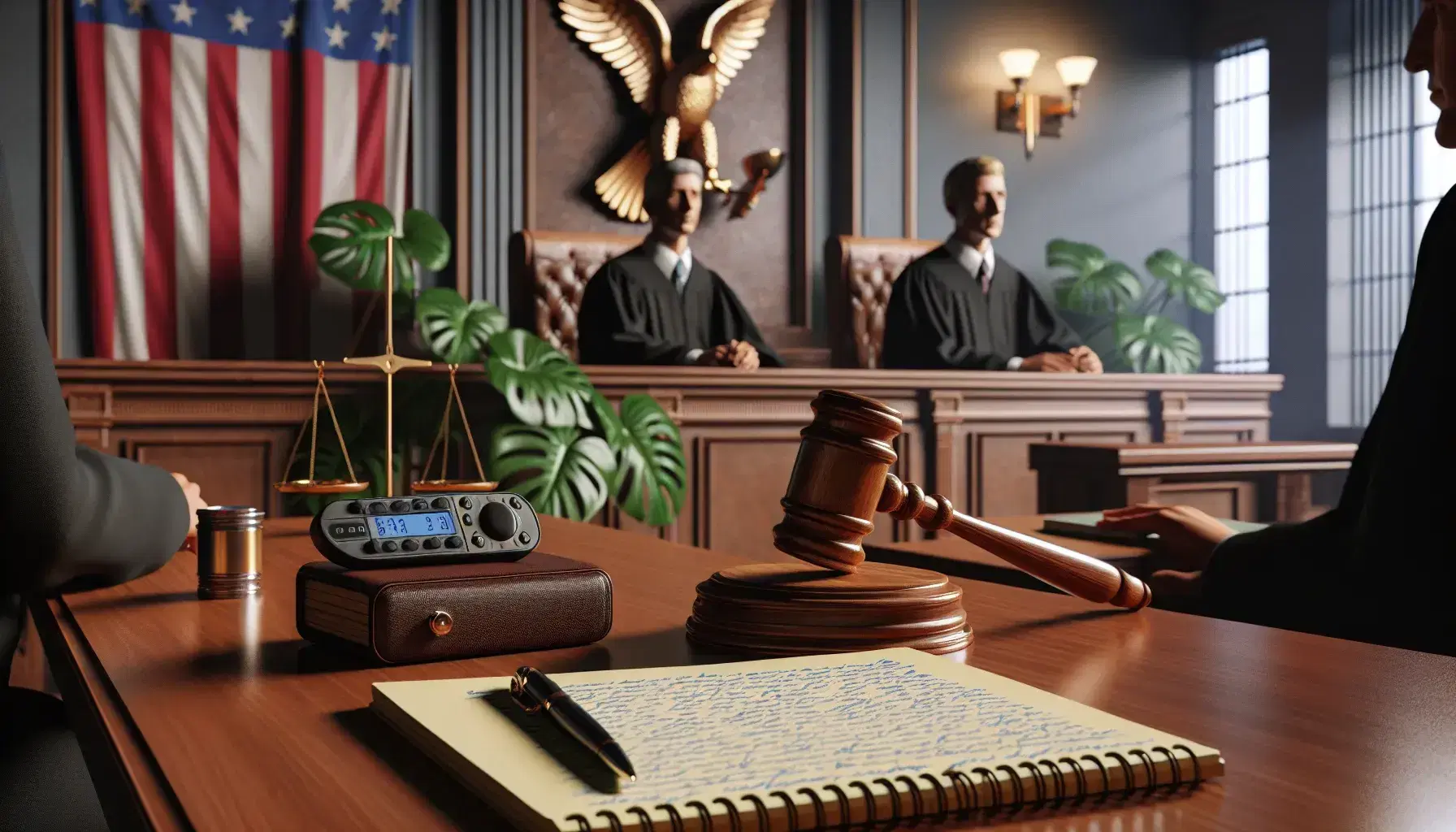 Peaceful courtroom with wooden table, gavel on green felt pad, yellow notepad, voice recorder, judge in robe and American flag.