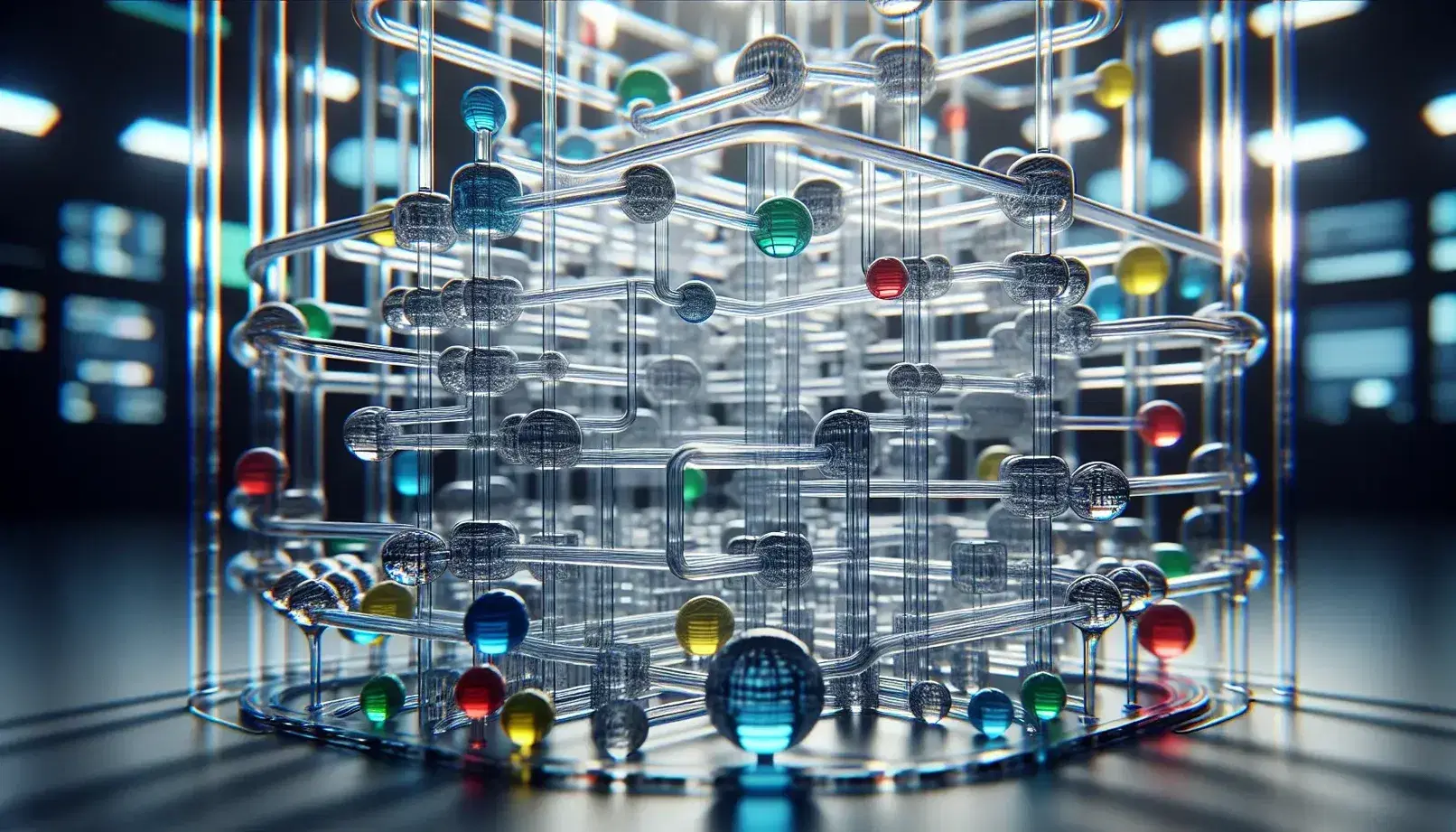 Struttura tubolare trasparente simile a un circuito con sfere colorate in movimento e sfondi sfocati che suggeriscono un ambiente laboratoriale.