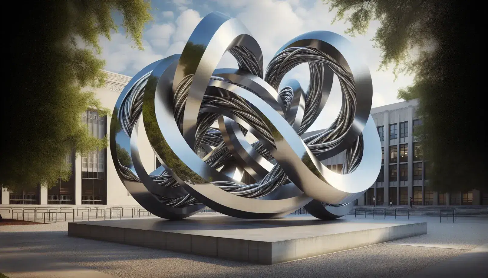 Modern abstract sculpture with intertwined metallic loops in polished stainless steel and matte black, reflecting trees and sky in a public space.