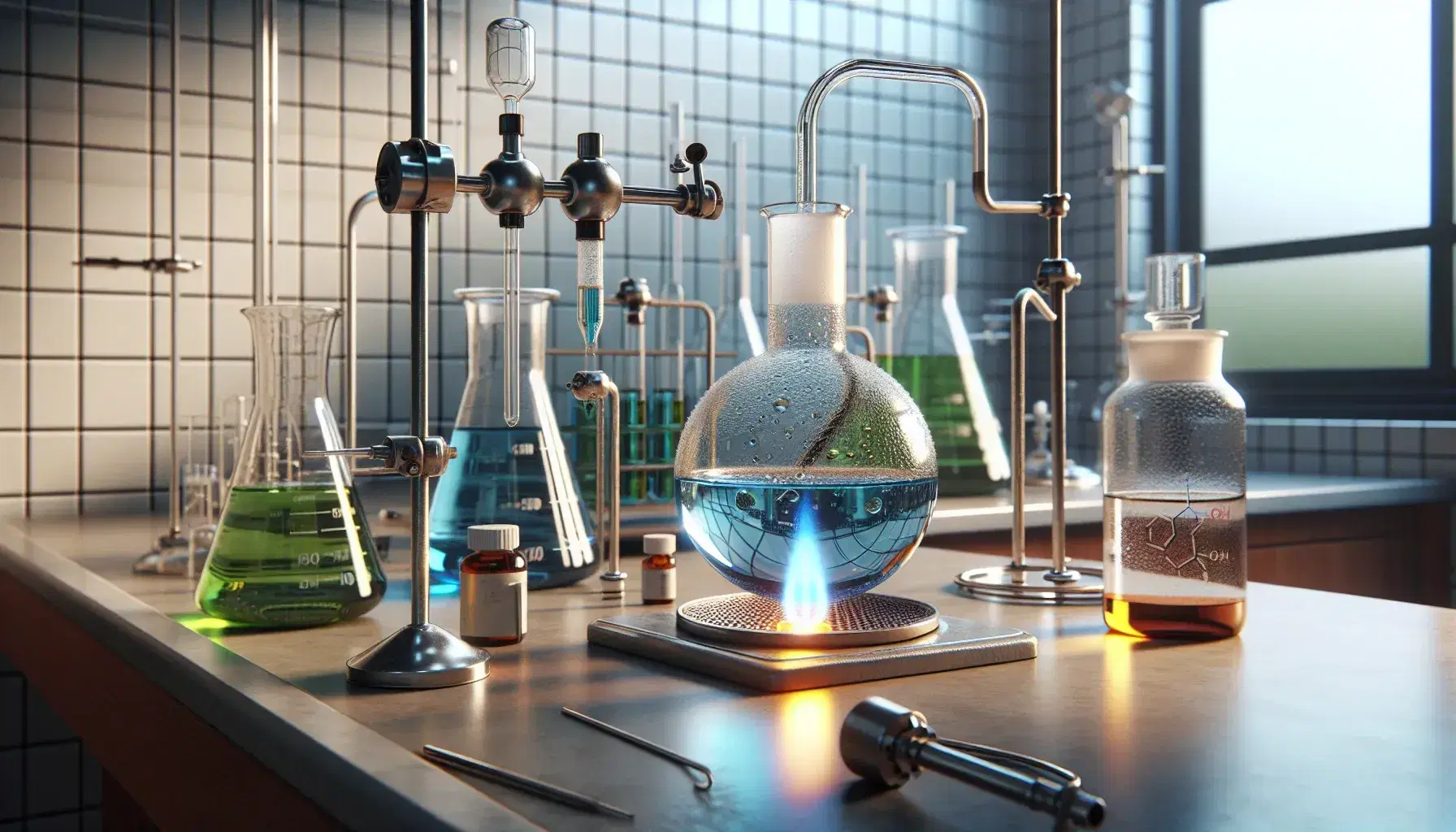 Laboratory with round bottom flask and blue liquid heated by Bunsen burner, connected to Liebig condenser with transparent distillate.