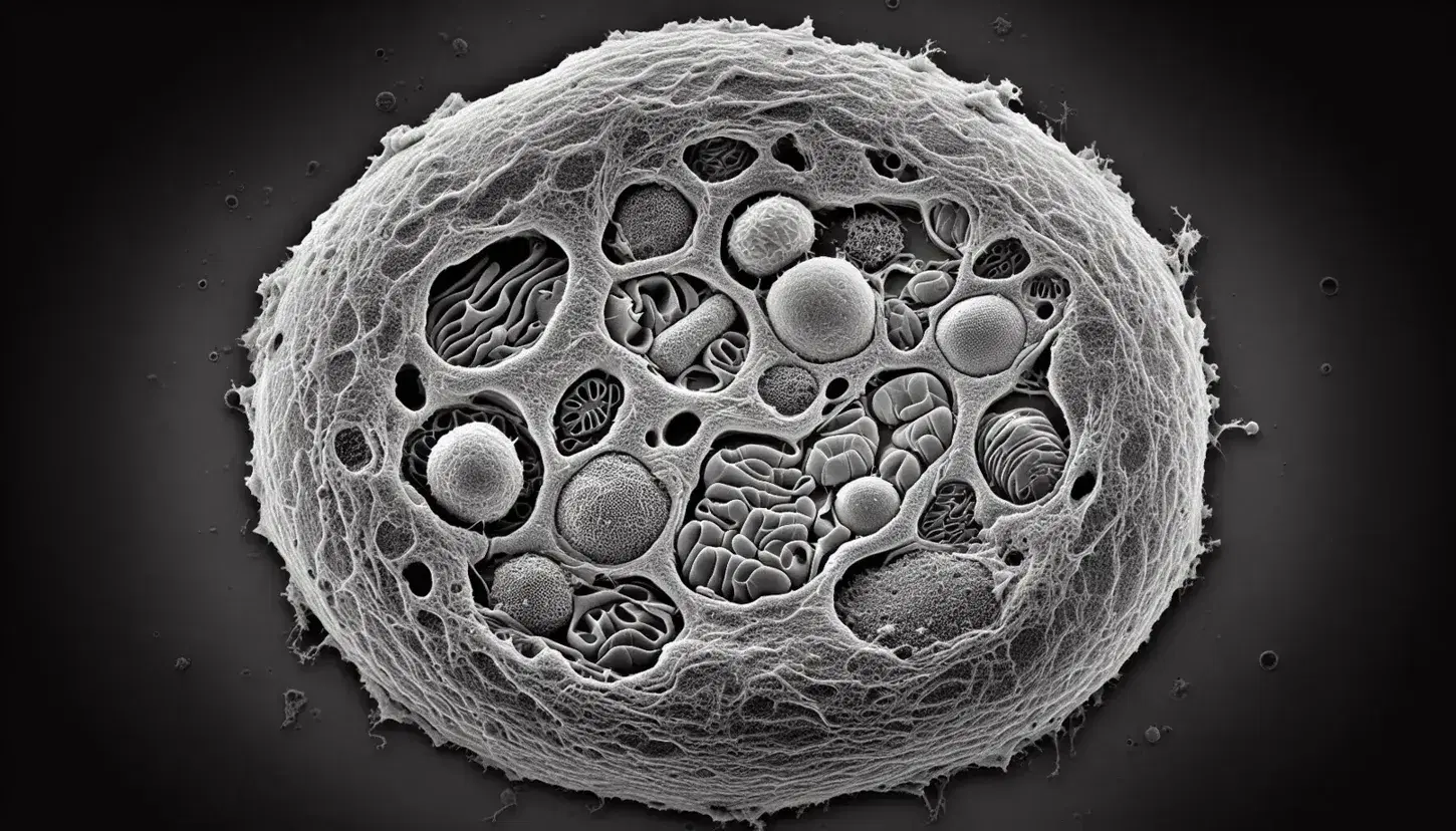 Cellula umana al microscopio elettronico con membrana cellulare, mitocondri e reticolo endoplasmatico visibili.