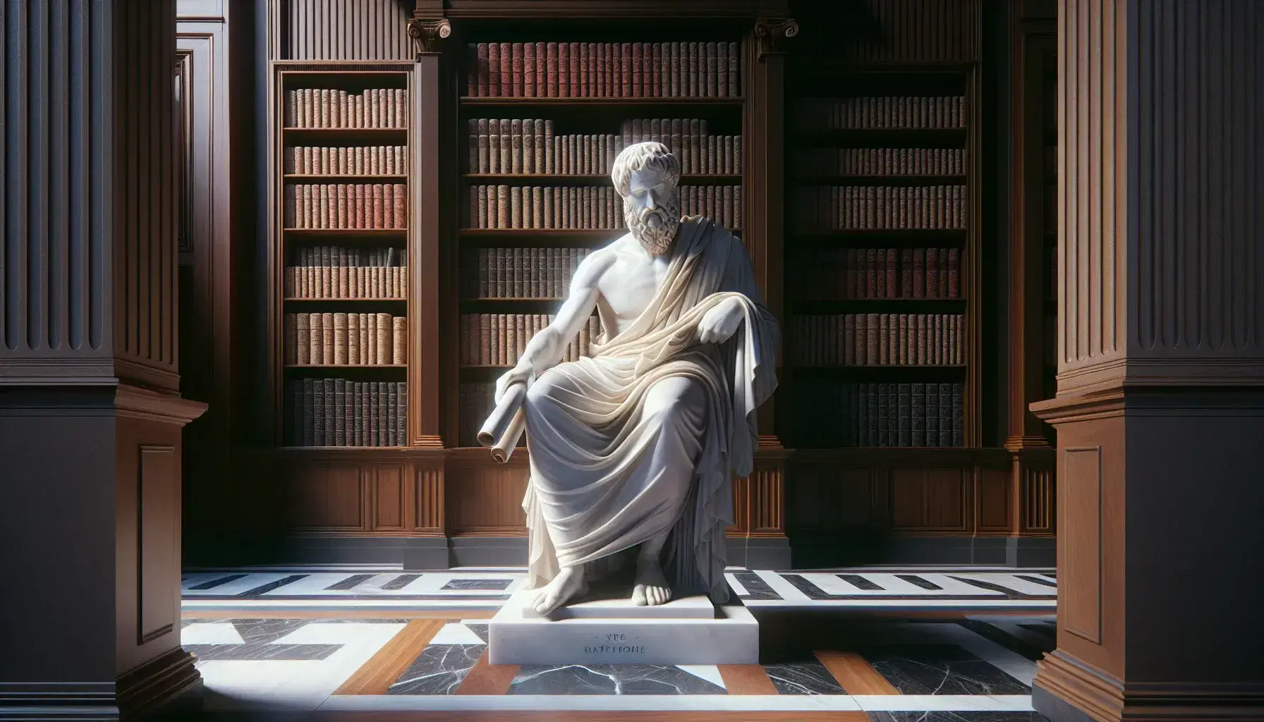 Estatua de mármol blanco de filósofo griego antiguo en pose pensativa con pergamino, ante una biblioteca clásica con estantes de madera y libros encuadernados en cuero.