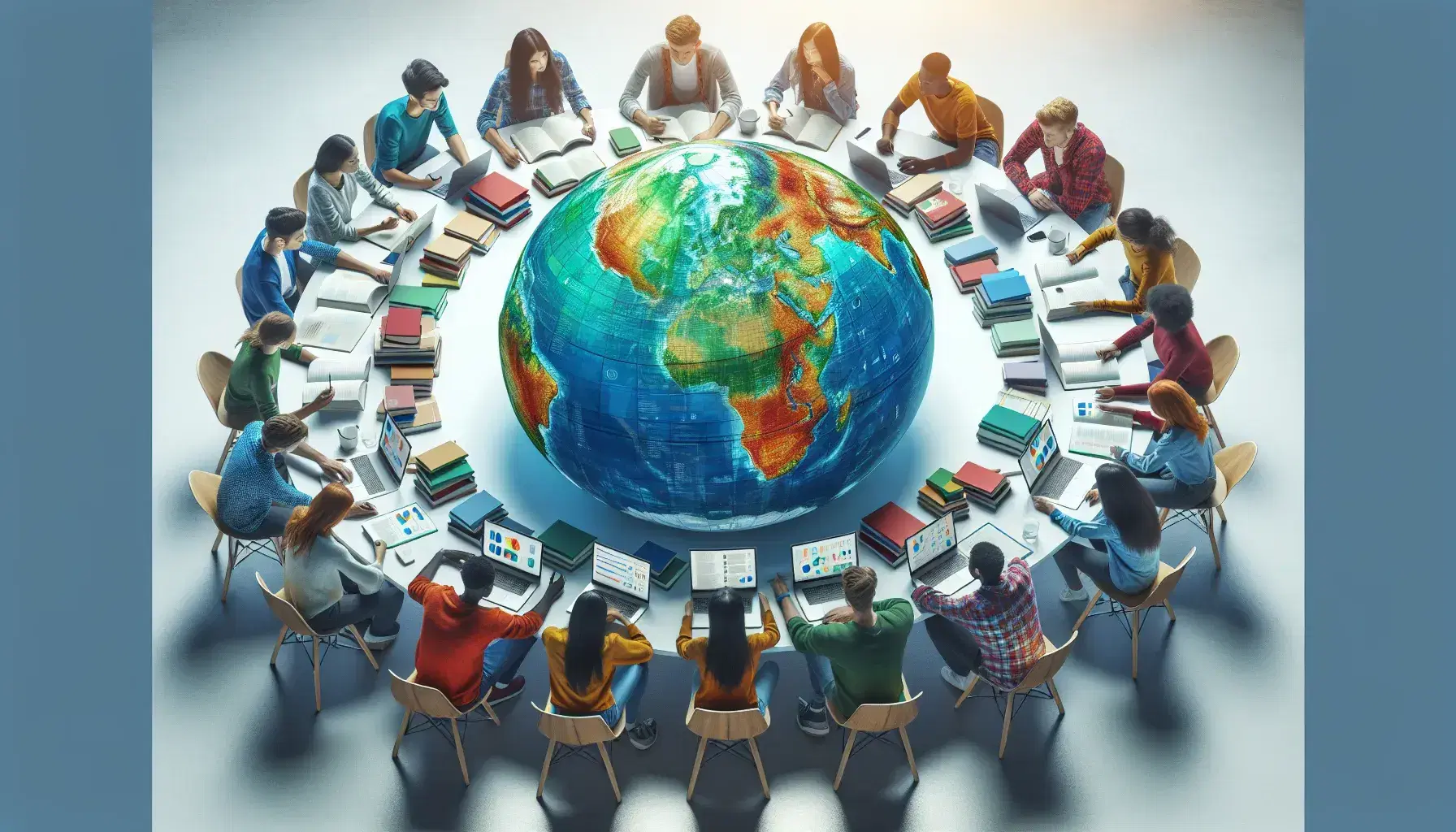 Gruppo di studenti internazionali collabora intorno a un tavolo con globo centrale, studiando su libri e laptop in aula luminosa.