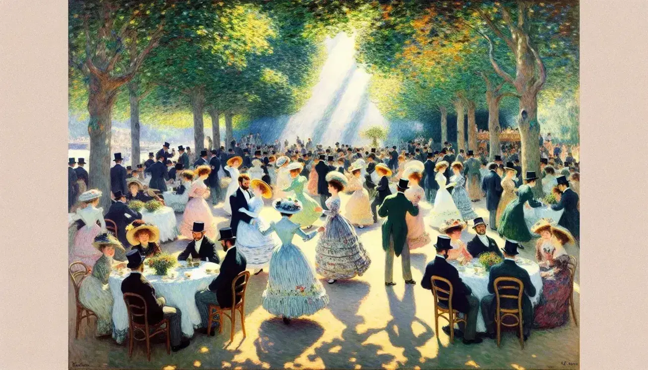 Festa all'aperto con persone che ballano sotto gli alberi in "Bal du moulin de la Galette" di Renoir, con abiti del XIX secolo.