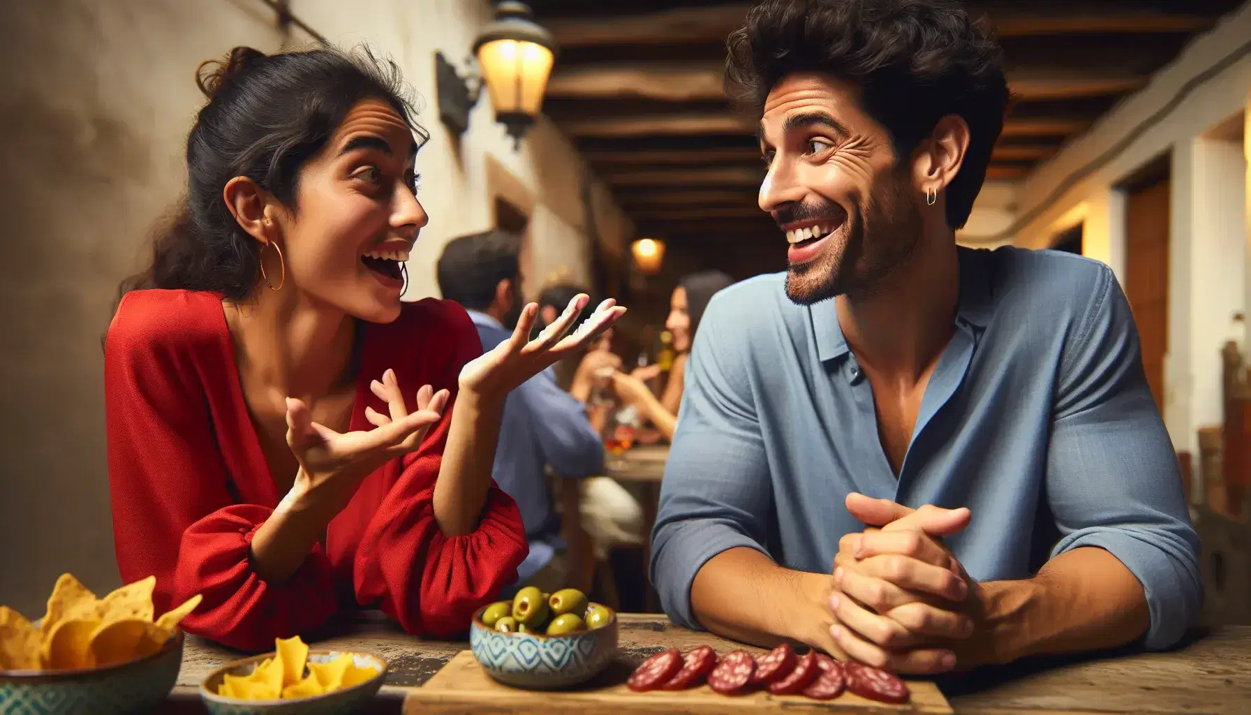 Middle-Eastern woman animatedly conversing with smiling Hispanic man over a table of tapas in a cozy Spanish bar ambiance.