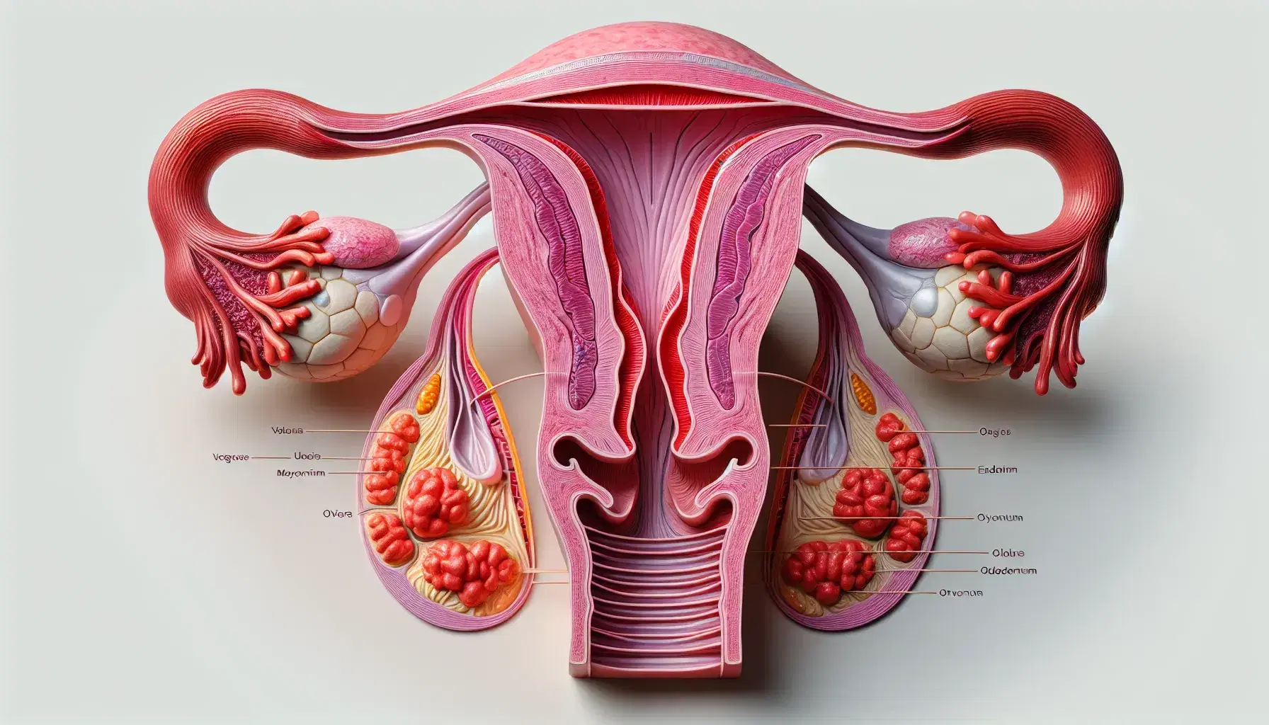 Modello anatomico tridimensionale dell'utero con sezione trasversale, tubi falloppi, ovaie e vagina su sfondo neutro.