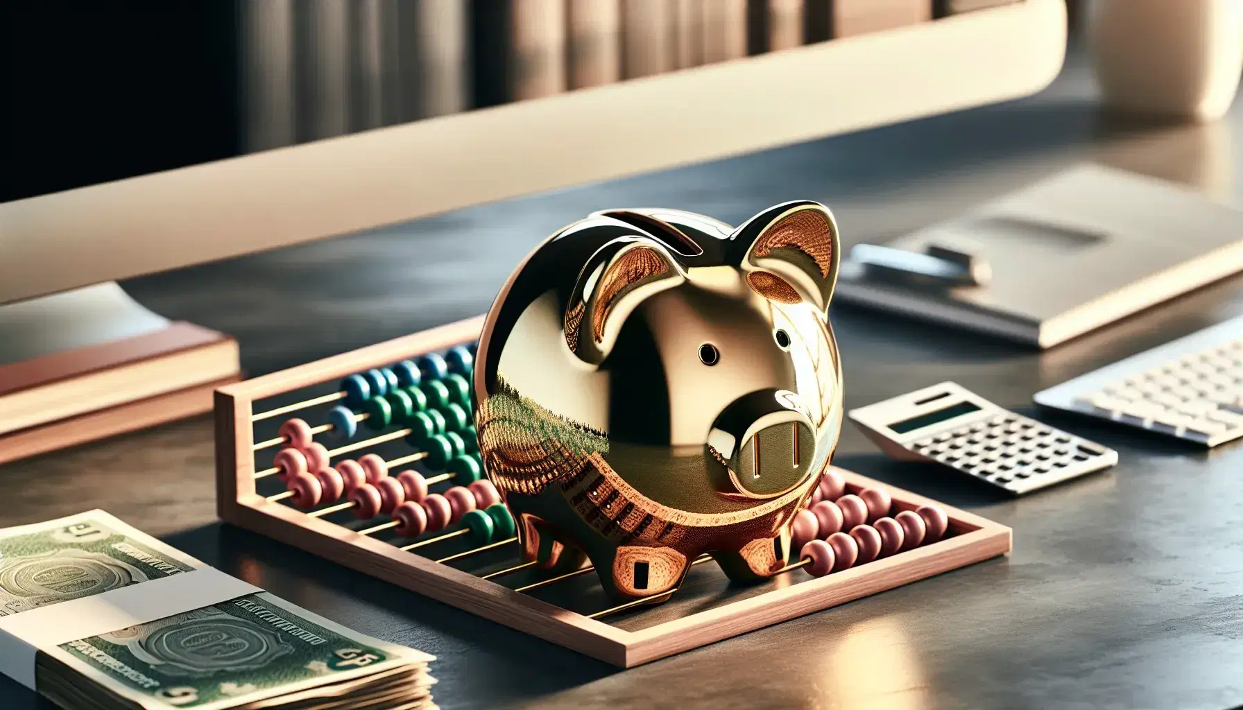 Golden piggy bank on a polished desk beside a stack of green banknotes and a colorful bead abacus, with a modern calculator in the soft-lit background.