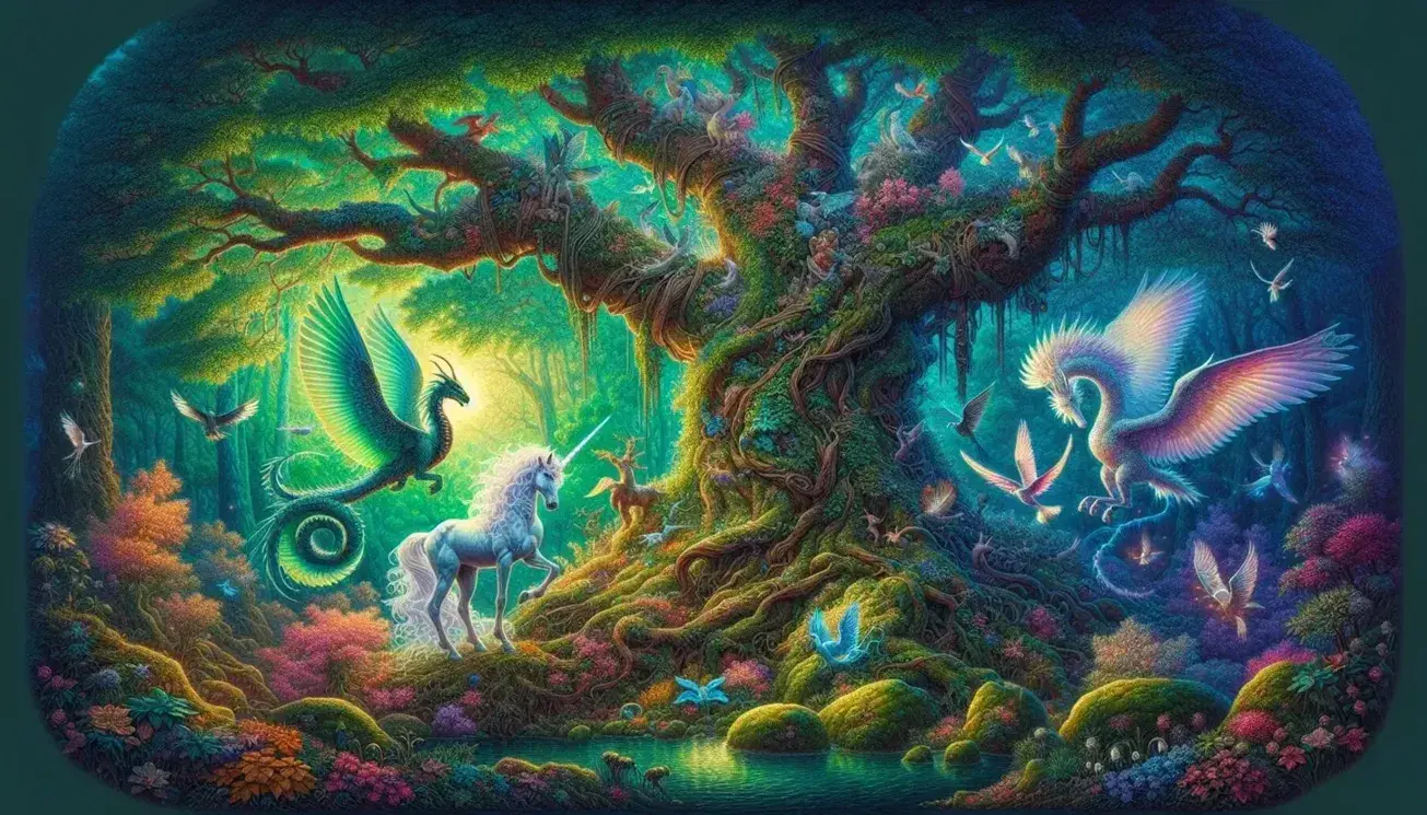Foresta incantata con albero maestoso, drago iridescente, unicorno bianco, uccelli fantastici e folletto su fungo.