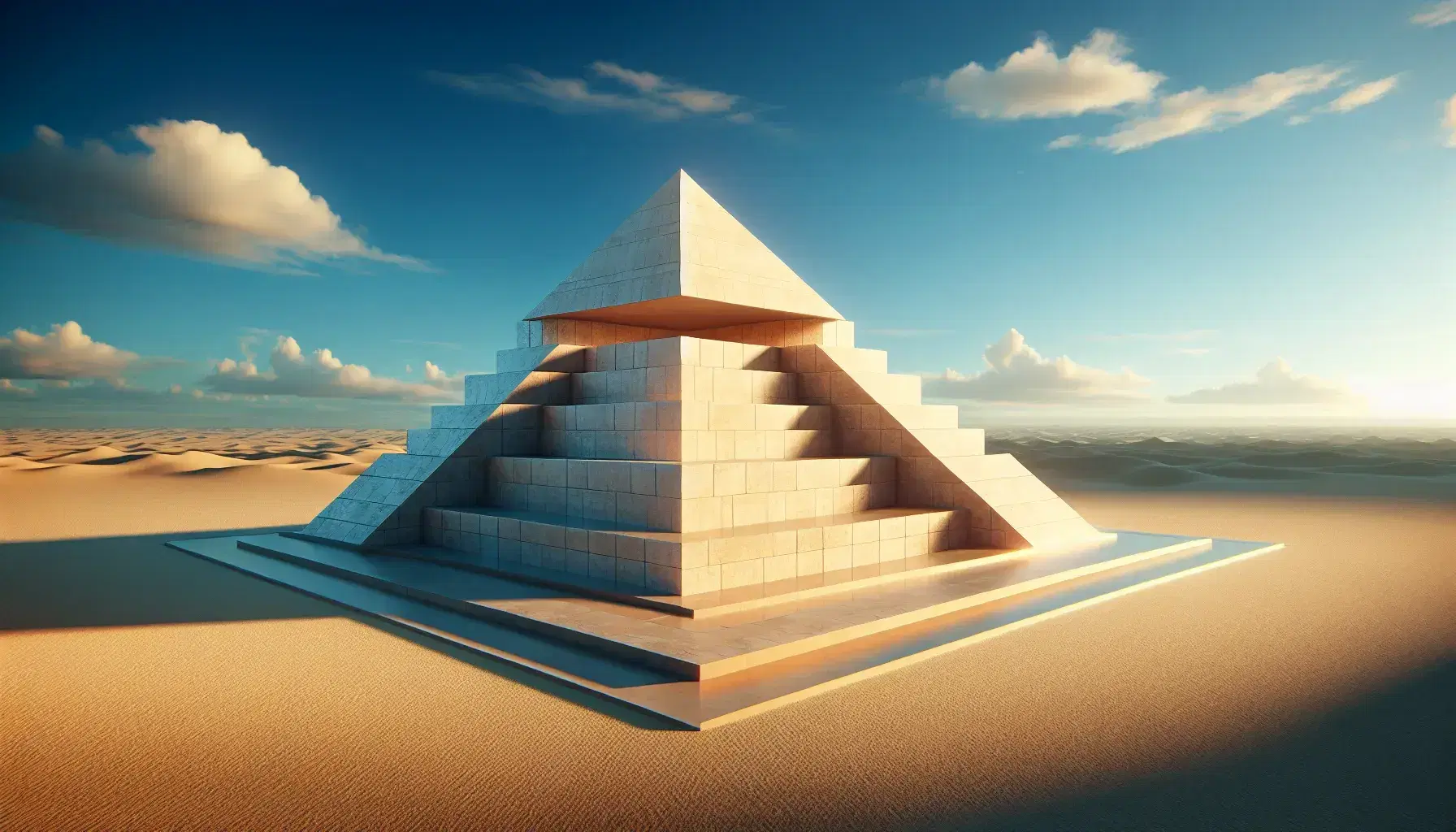 Piramide quadrata simmetrica in pietra chiara sotto cielo azzurro con nuvole sparse e tronco di piramide accanto su terreno sabbioso.