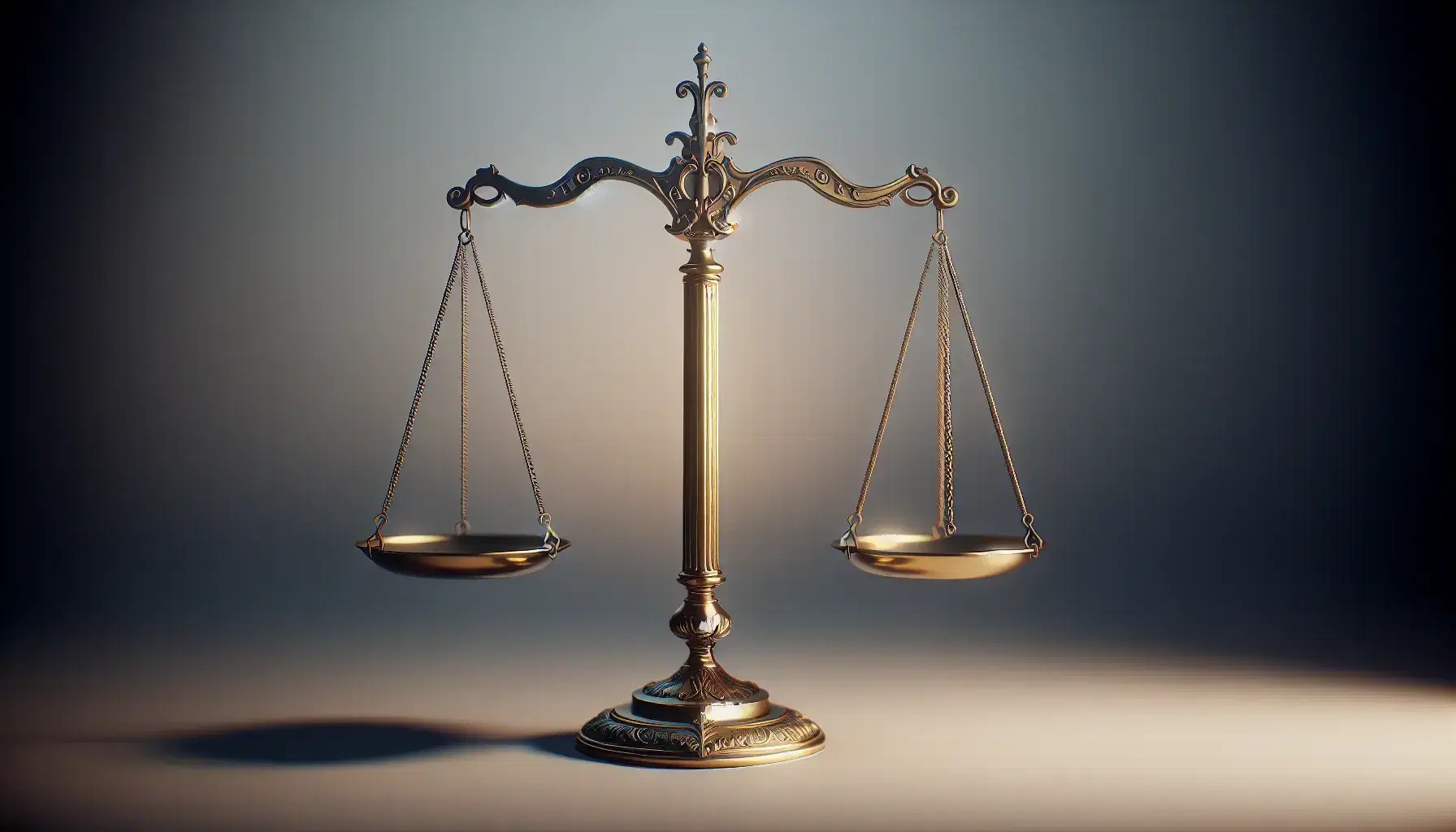 Golden balance scale in equilibrium on a neutral gray background, symbolizing justice with its polished, ornate design and reflective surface.