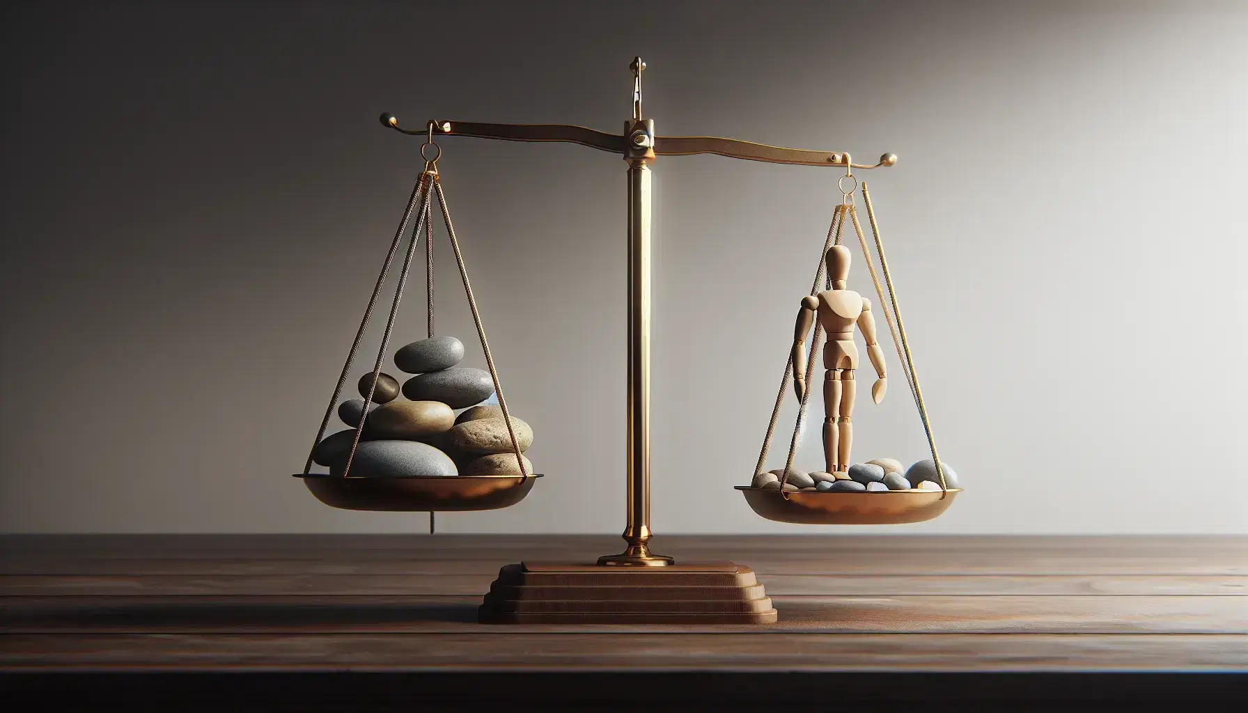 Balanza de dos platos dorada en equilibrio sobre superficie de madera oscura, con piedras grises en un lado y figura humana de madera en el otro.
