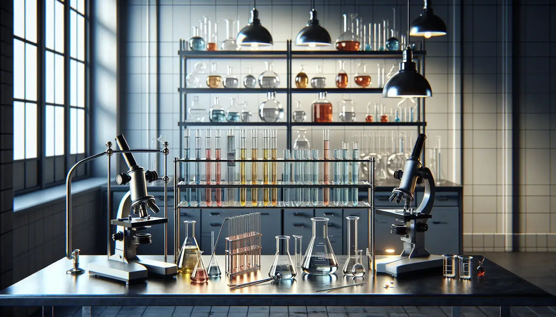 Laboratorio scientifico moderno con tavolo da lavoro, provette colorate, becher, miscelatore magnetico e microscopio, illuminazione brillante.