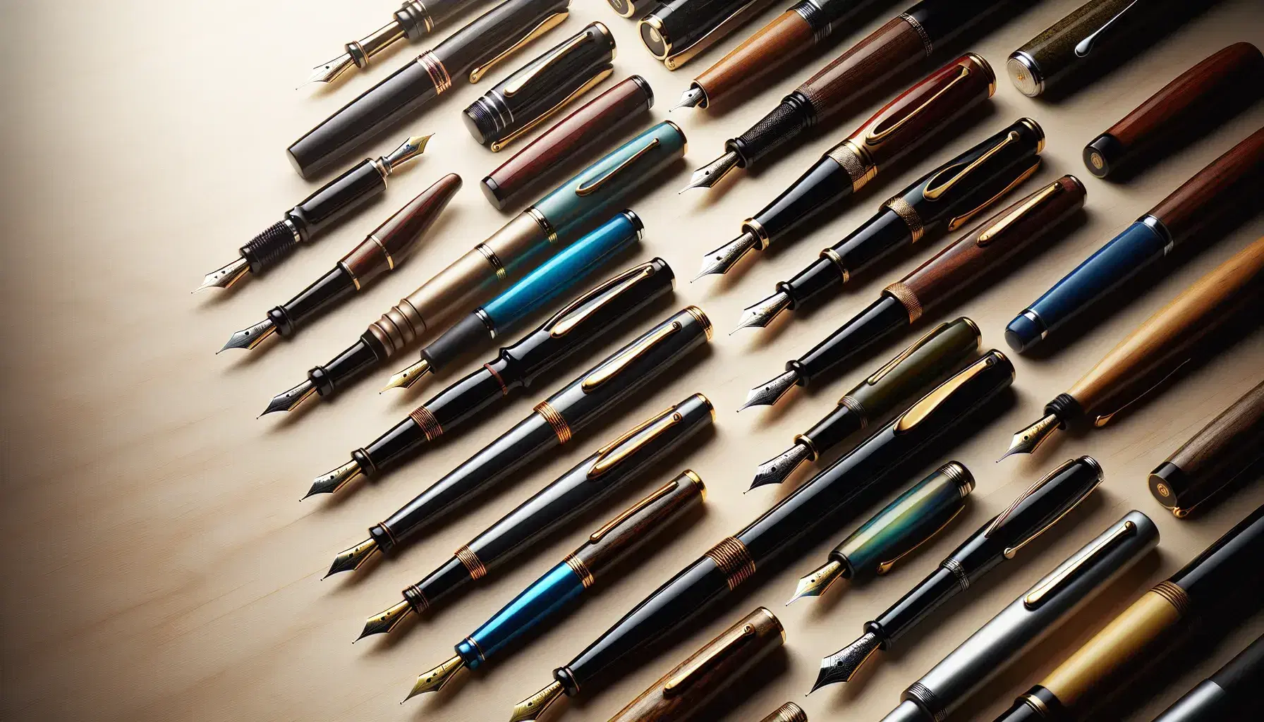 Colección de plumas fuente de colores variados con detalles dorados y plateados, alineadas horizontalmente sobre fondo claro de madera suave.