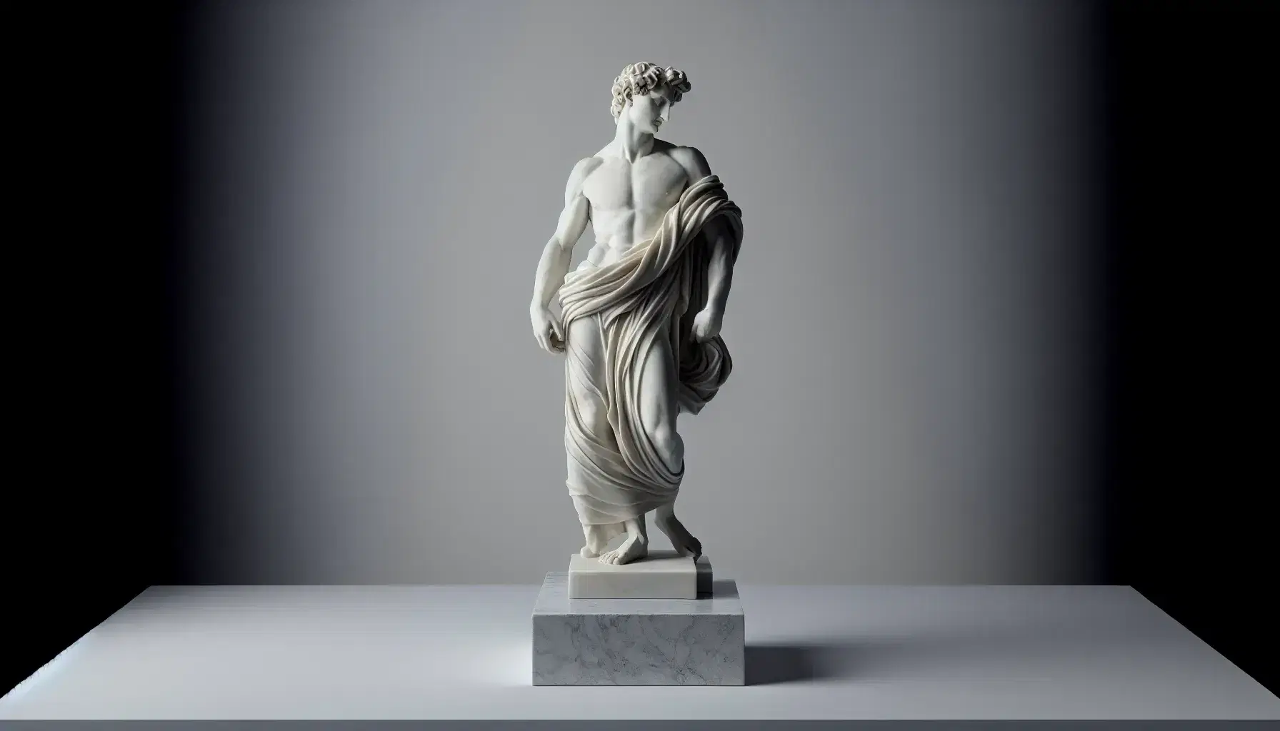 Scultura neoclassica in marmo bianco di figura maschile eroica con drappeggio classico, su piedistallo grigio, senza ombre nette.