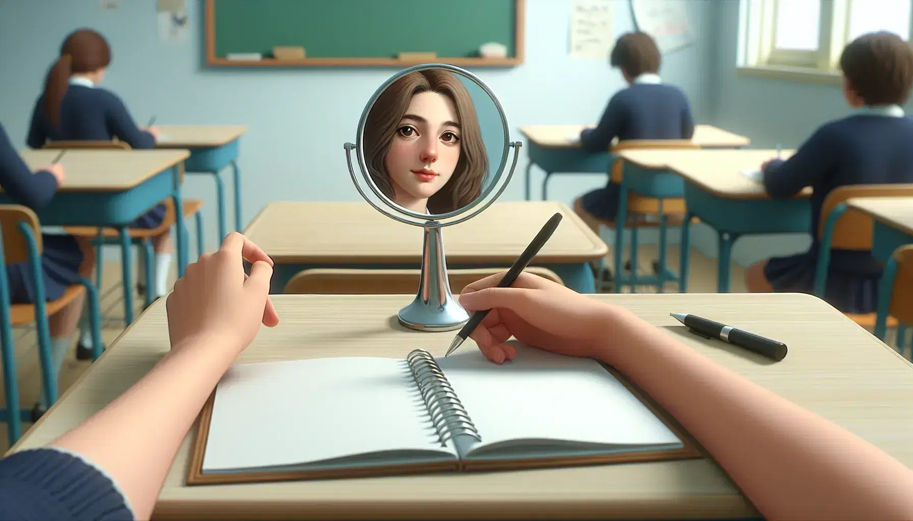 Student checking reflection in hand mirror at desk with notebook and pen, in a serene classroom with blurred peers and pale blue walls.