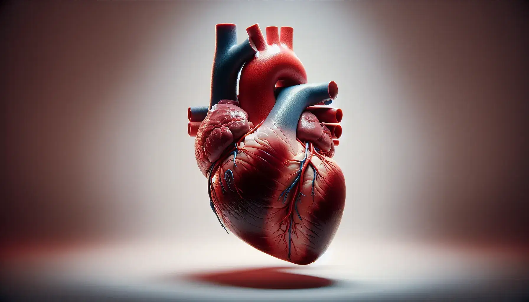 Corazón humano tridimensional realista con arterias y venas en tonos rojos y azules sobre fondo neutro, destacando su estructura anatómica detallada.