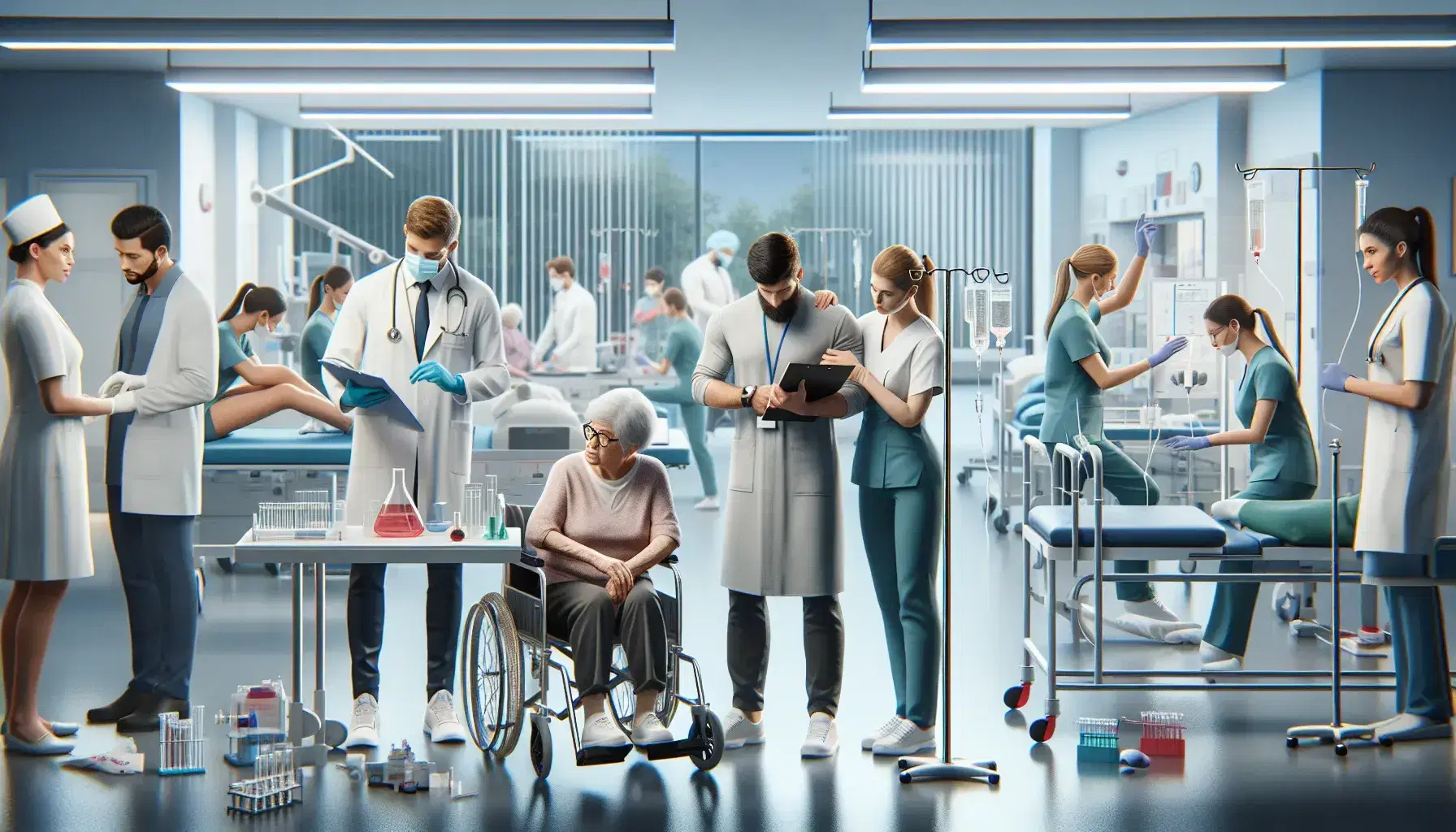 Personale sanitario in ospedale con medico, infermiere, fisioterapista, tecnico di laboratorio e operatore socio-sanitario al lavoro.