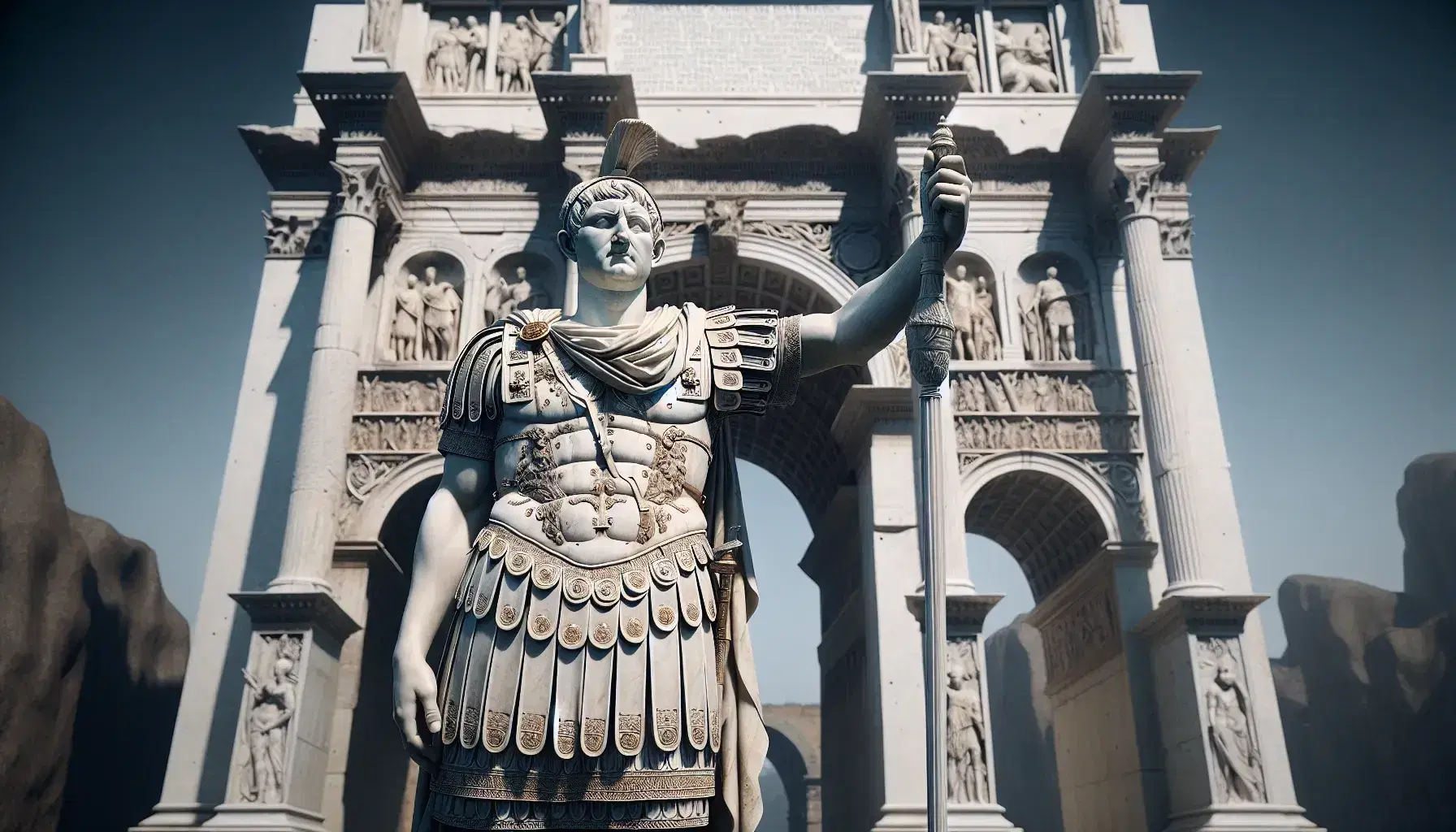 Statua in marmo dell'Imperatore Traiano in armatura romana con scettro e casco, archi trionfali e riproduzione della Colonna Traiana sullo sfondo.
