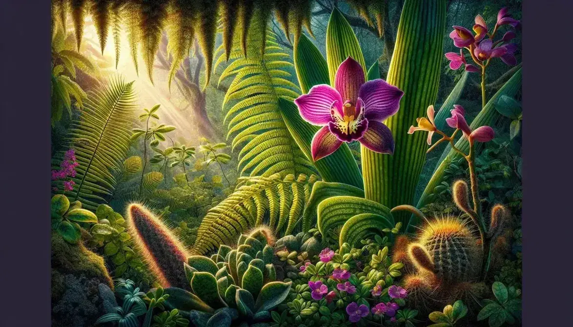 Orquídea magenta con centro amarillo, helecho con frondas y cactus con flor amarilla en un ecosistema mexicano diverso.