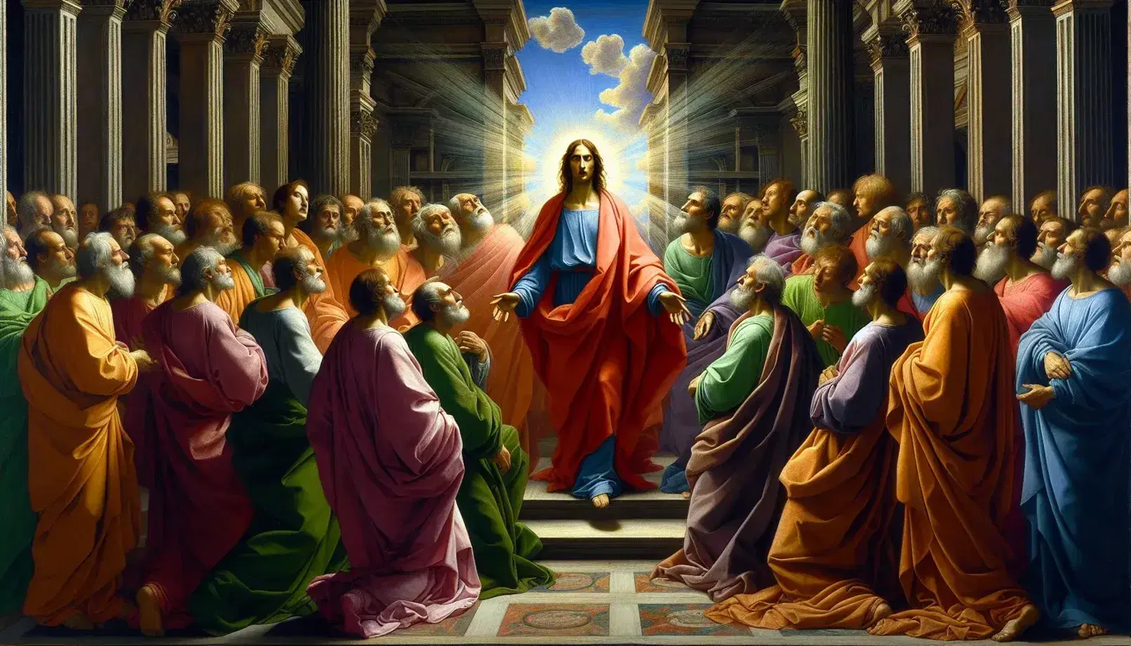 Raffigurazione artistica di una scena biblica con figura centrale in mantello rosso e tunica blu circondata da dodici personaggi in abiti colorati, con sfondo rinascimentale.