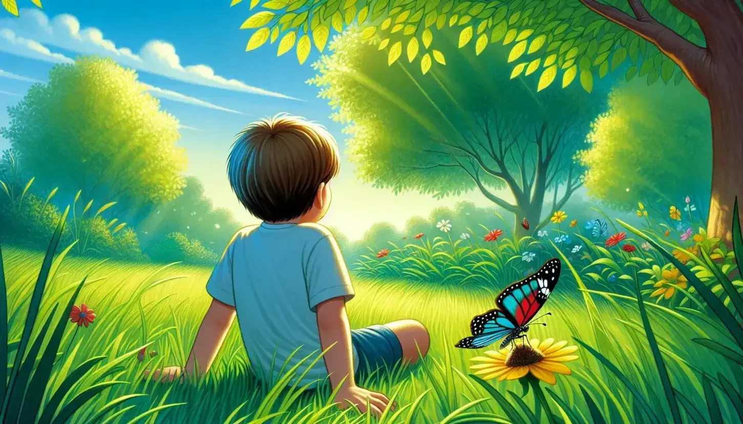 Bambino seduto su prato verde osserva farfalla dai colori vivaci posata su fiore giallo, con cielo azzurro e alberi sullo sfondo.