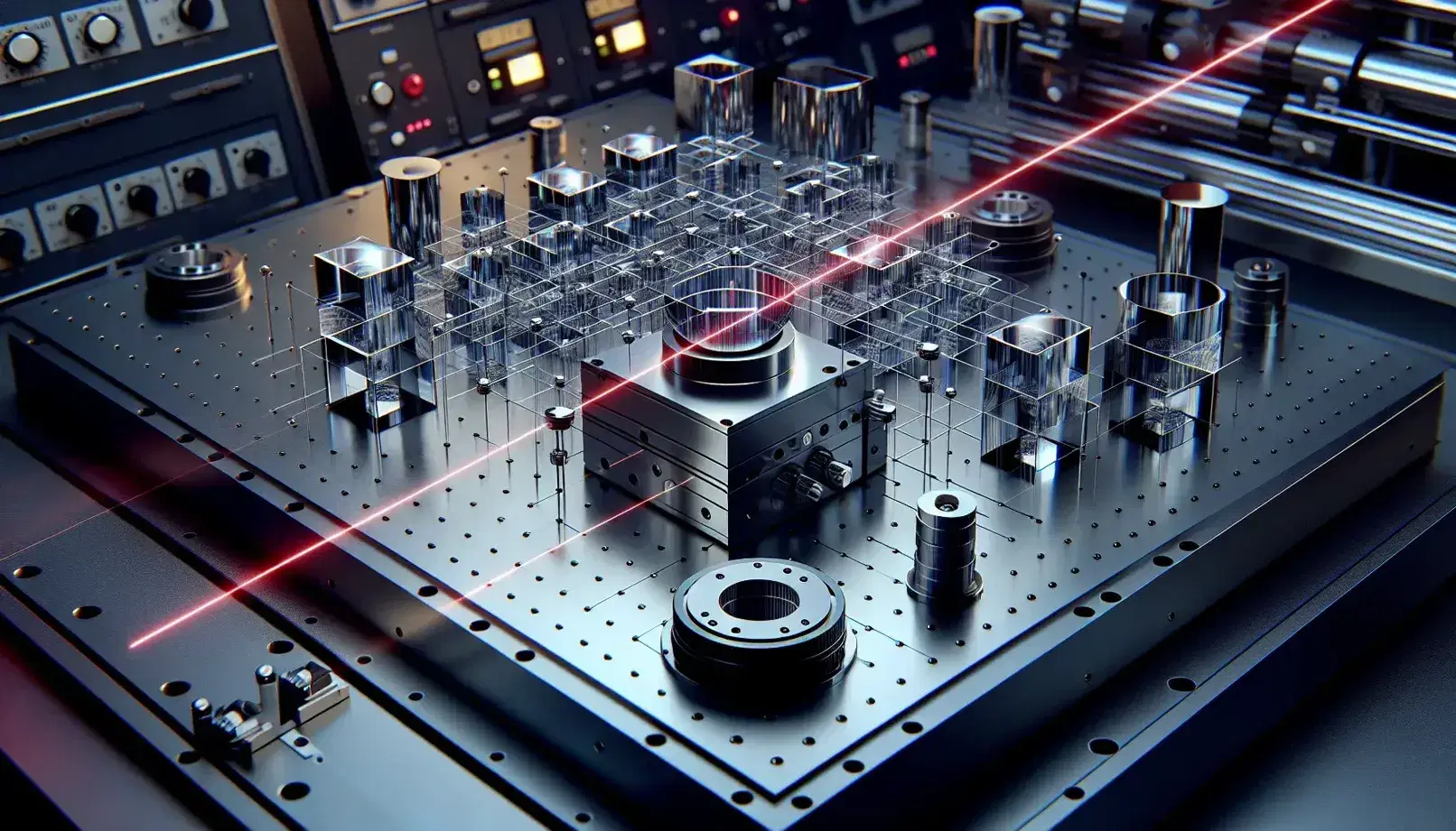 Precision quantum measurement setup in a lab with optical table, laser beam, mirrors, lenses, beam splitters, electronic devices, and a blurred graph display.