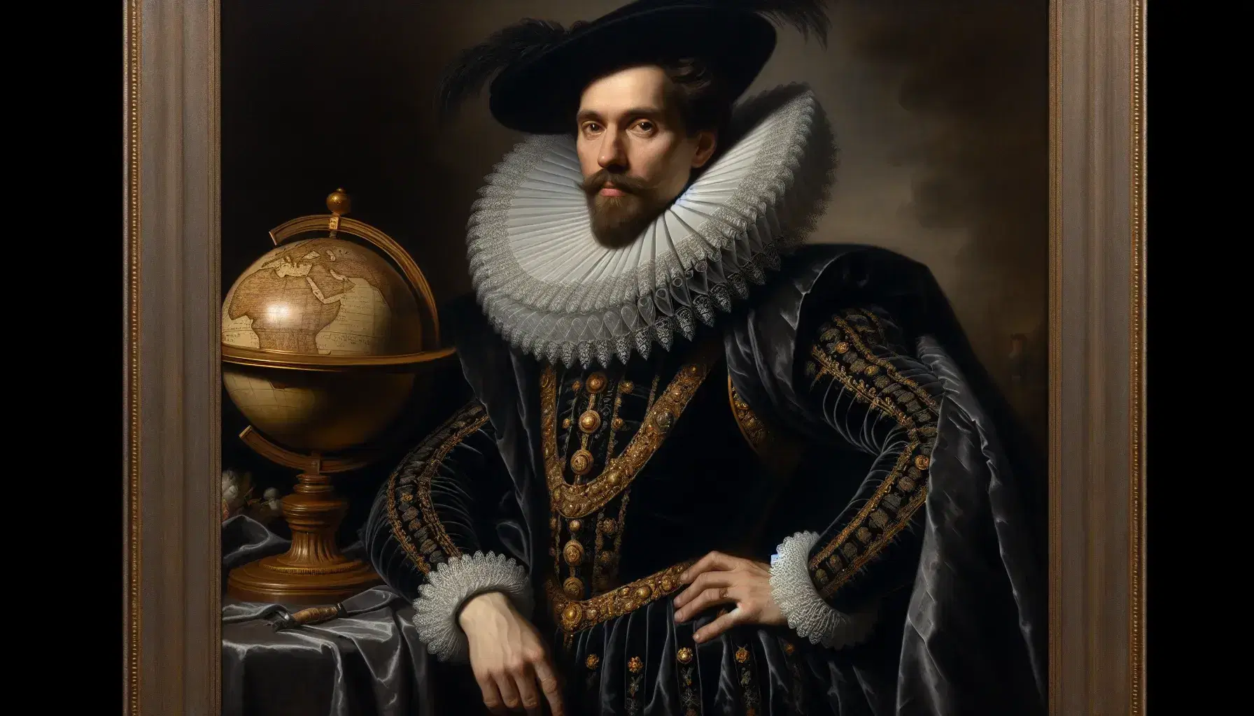 Ritratto olio su tela di figura storica in abiti regali del XVII secolo con colletto a gorgiera e globo terrestre, simboli di potere.