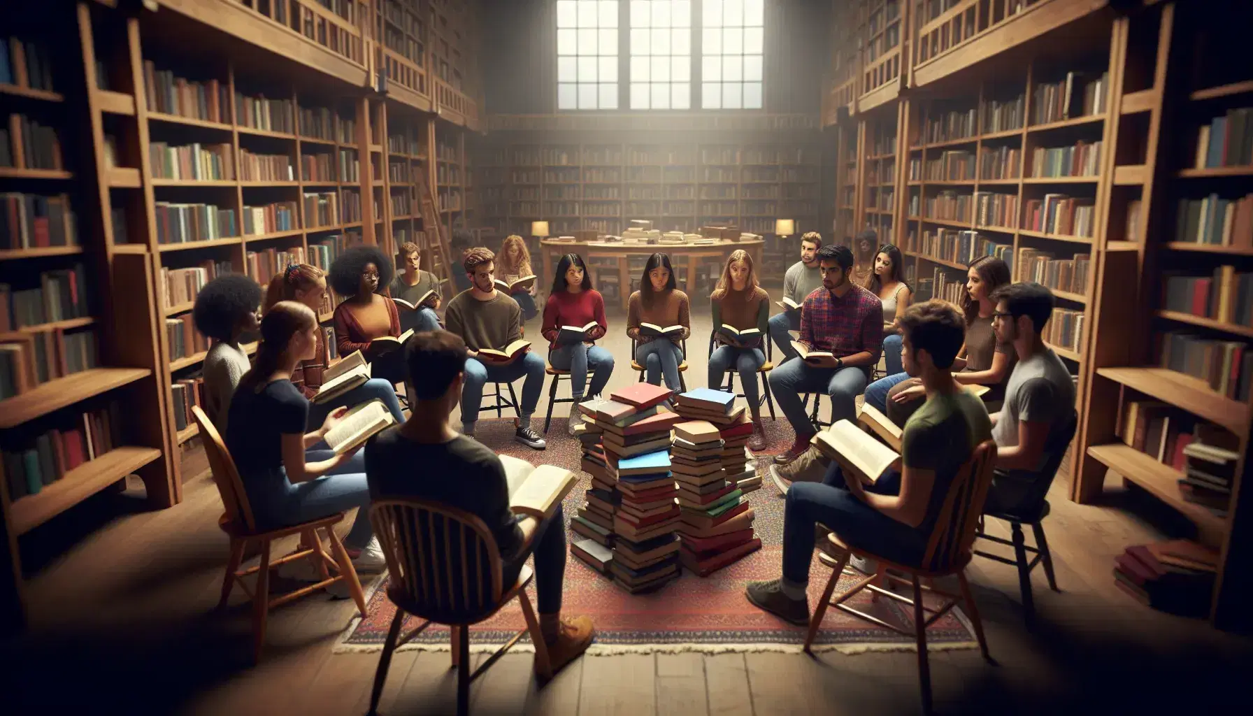 Grupo diverso de estudiantes enfocados en la lectura y discusión de libros sentados en círculo en una biblioteca con estantes llenos de libros al fondo.