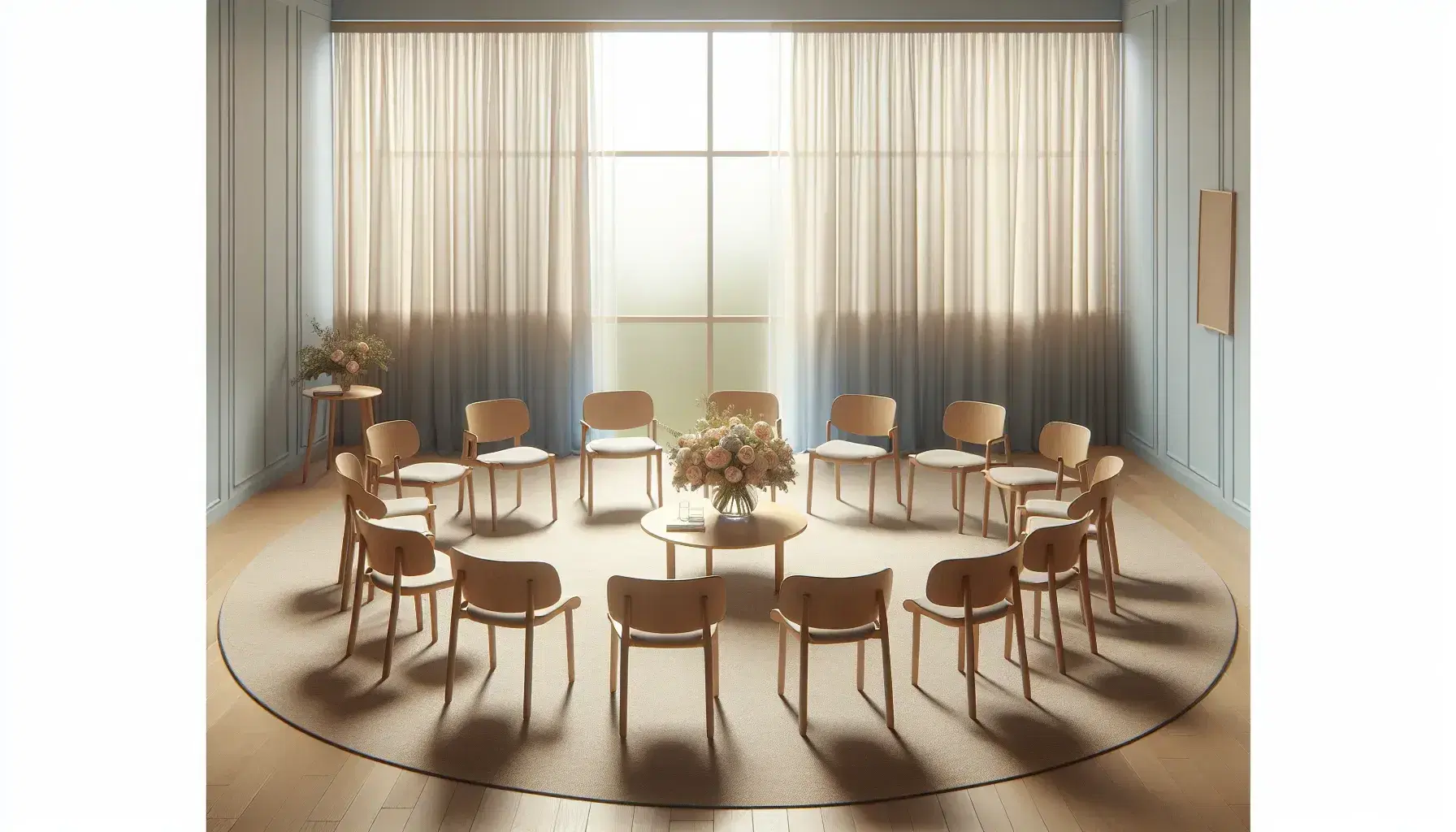 Wooden chairs arranged in a circle on neutral rug with a slightly detached, bright window and vase of pastel flowers on coffee table.