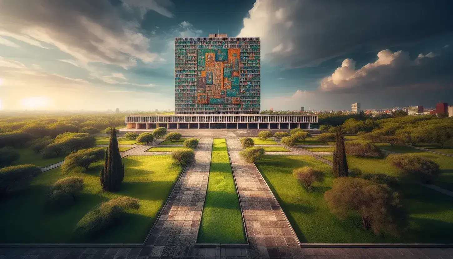 Vista panorámica de la Biblioteca Central de la UNAM con su mural de mosaicos coloridos, rodeada de áreas verdes y un cielo azul despejado.
