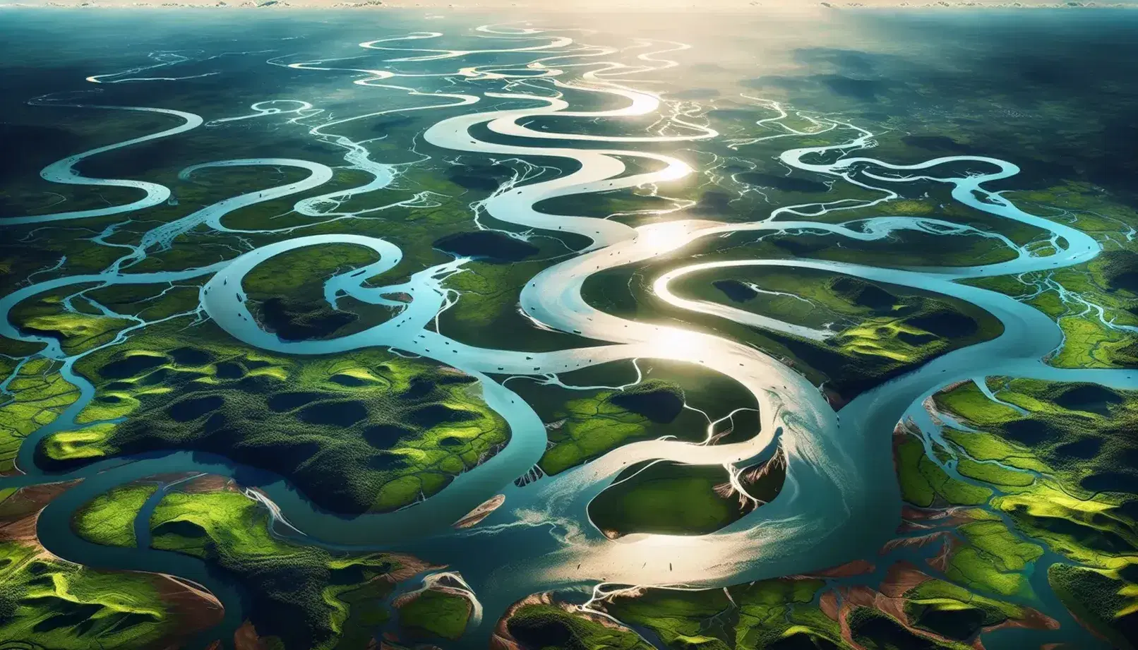 Vista aérea de un río serpenteante fluyendo hacia un cuerpo de agua mayor, rodeado de vegetación exuberante y sin señales de actividad humana.