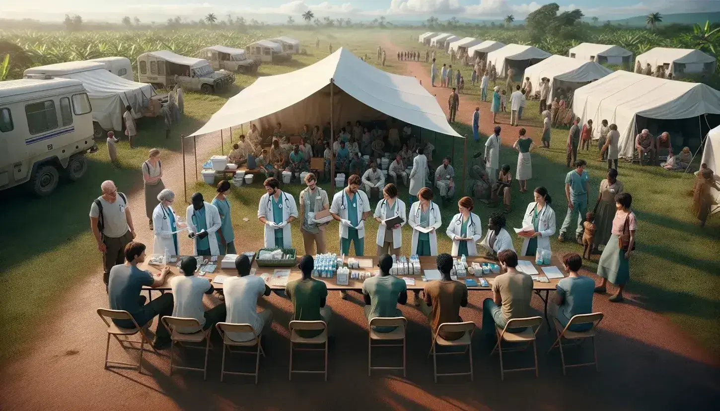Grupo diverso colaborando en clínica médica rural al aire libre con suministros sobre mesa y pacientes esperando.