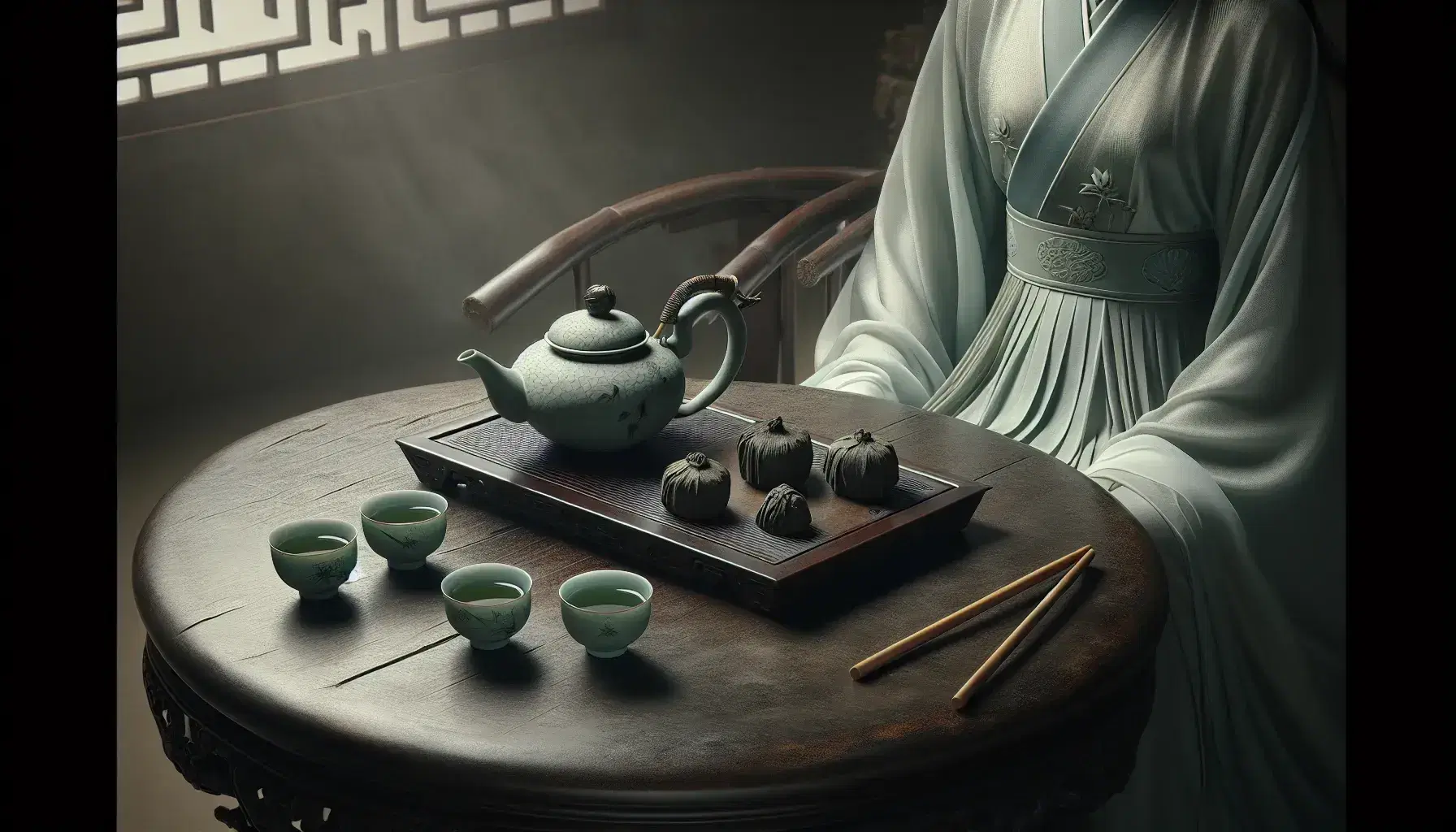 Traditional Chinese tea ceremony setup with a green porcelain teapot, matching cups with lotus designs, tea cakes on a bamboo tray, and a figure in Hanfu attire.