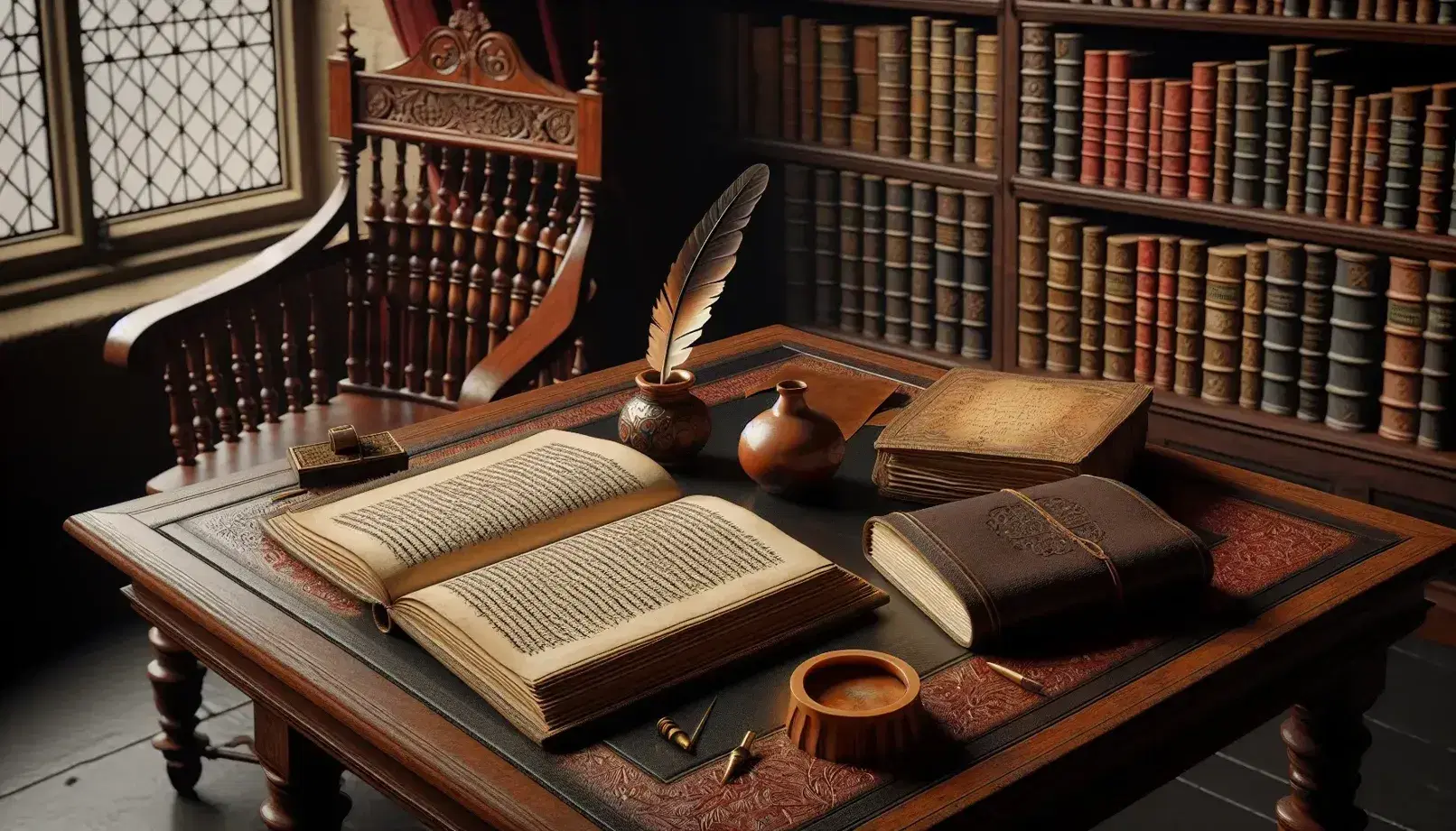 Estudio renacentista con mesa de madera oscura, libro abierto, pluma en tintero, pergamino, silla tallada y estantería llena de libros, junto a una ventana que muestra un paisaje.