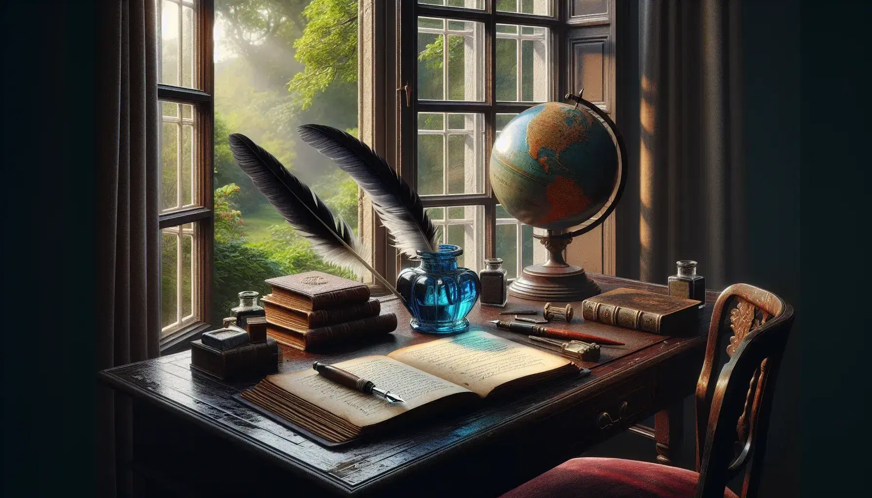 Scrivania in legno scuro con calamaio blu, piuma, libro rilegato in pelle, sfera di vetro e mappamondo antico, davanti a finestra aperta su giardino.