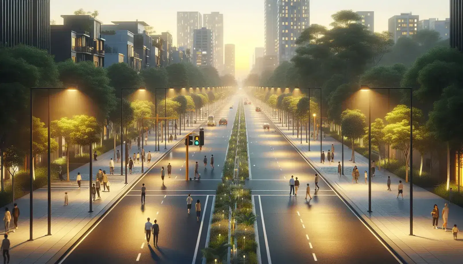Serene dusk scene with a curving road lined by streetlights and trees, pedestrians on sidewalks, and low-rise buildings under a gradient sky.