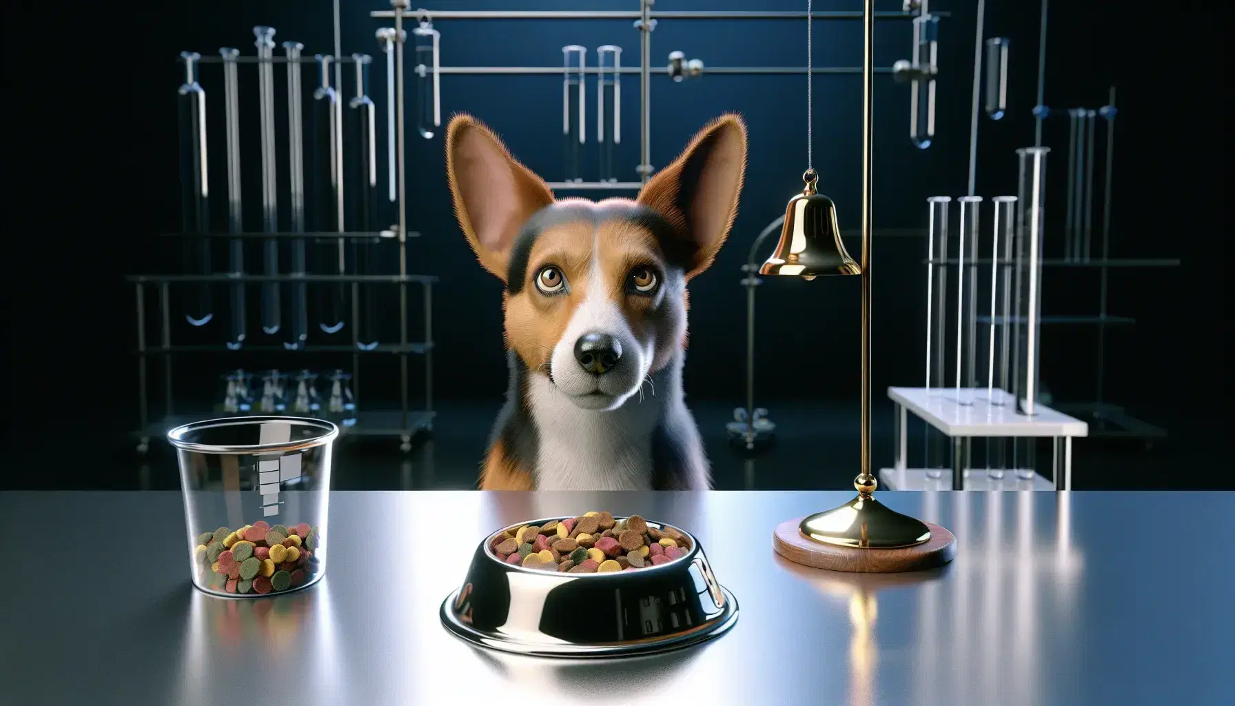 Laboratory with brown and white dog attentive to brass bell, visible food bowl and blurred background of laboratory equipment.