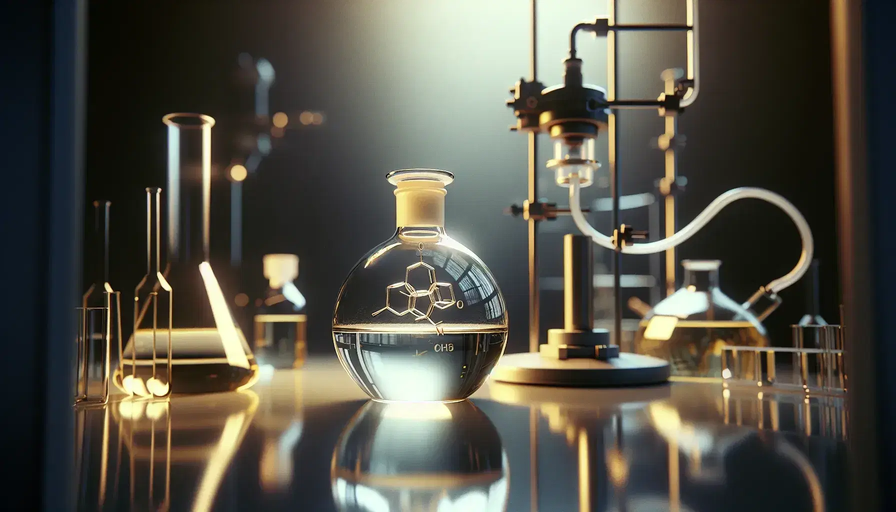 Glass flask with yellowish phenanthrene crystals on reflective laboratory bench, surrounded by organic synthesis equipment.