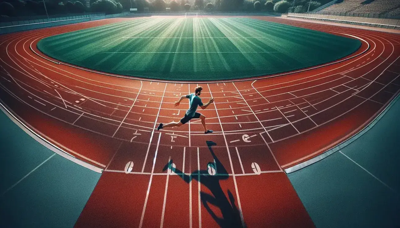 Pista di atletica in mattoni rossi con atleta in movimento in maglia blu e pantaloncini neri, campo interno verde, cielo azzurro terso.