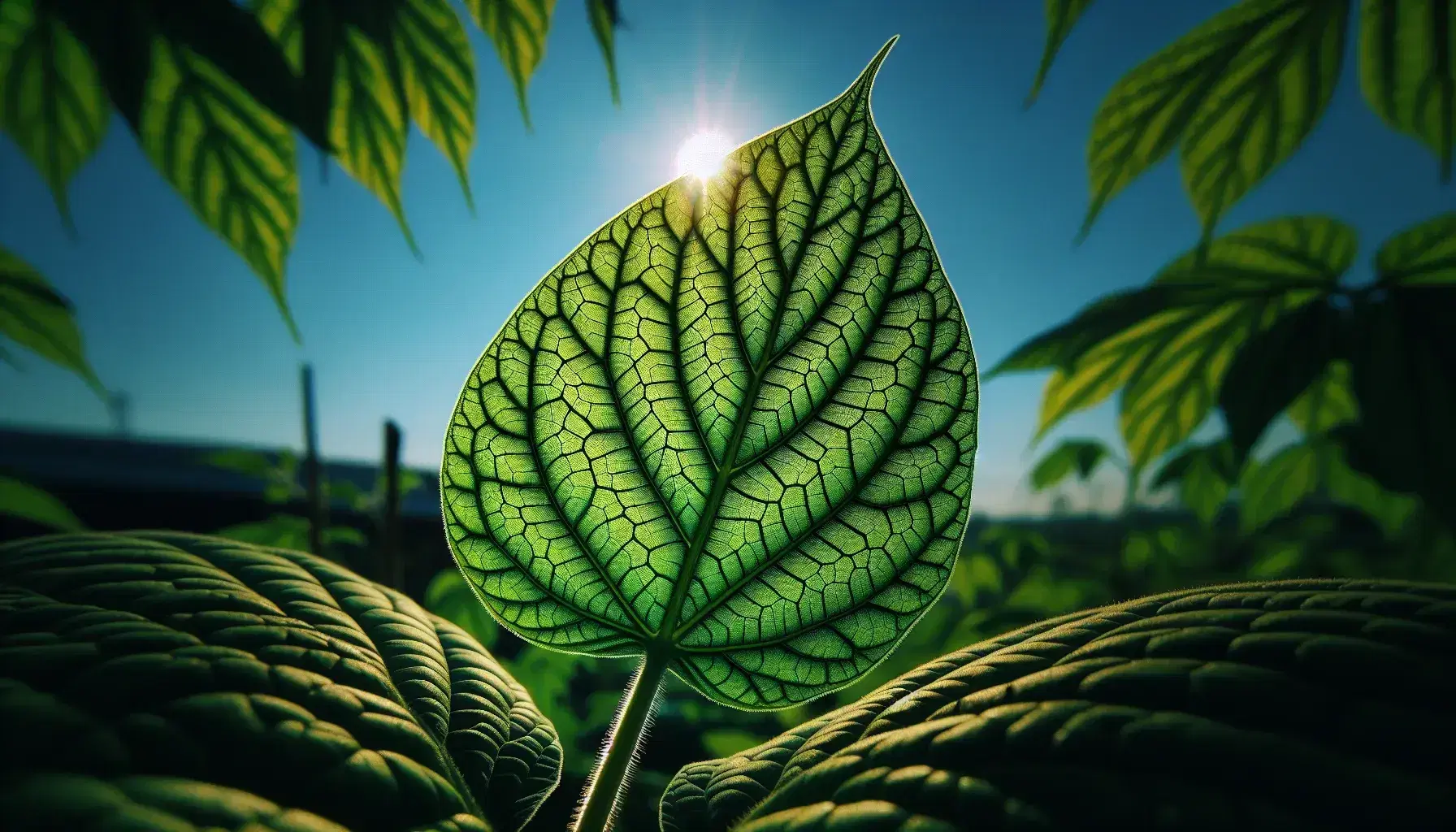 Hoja verde vibrante con textura detallada y venas visibles, iluminada por el sol con cielo azul y siluetas desenfocadas de vegetación en el fondo.