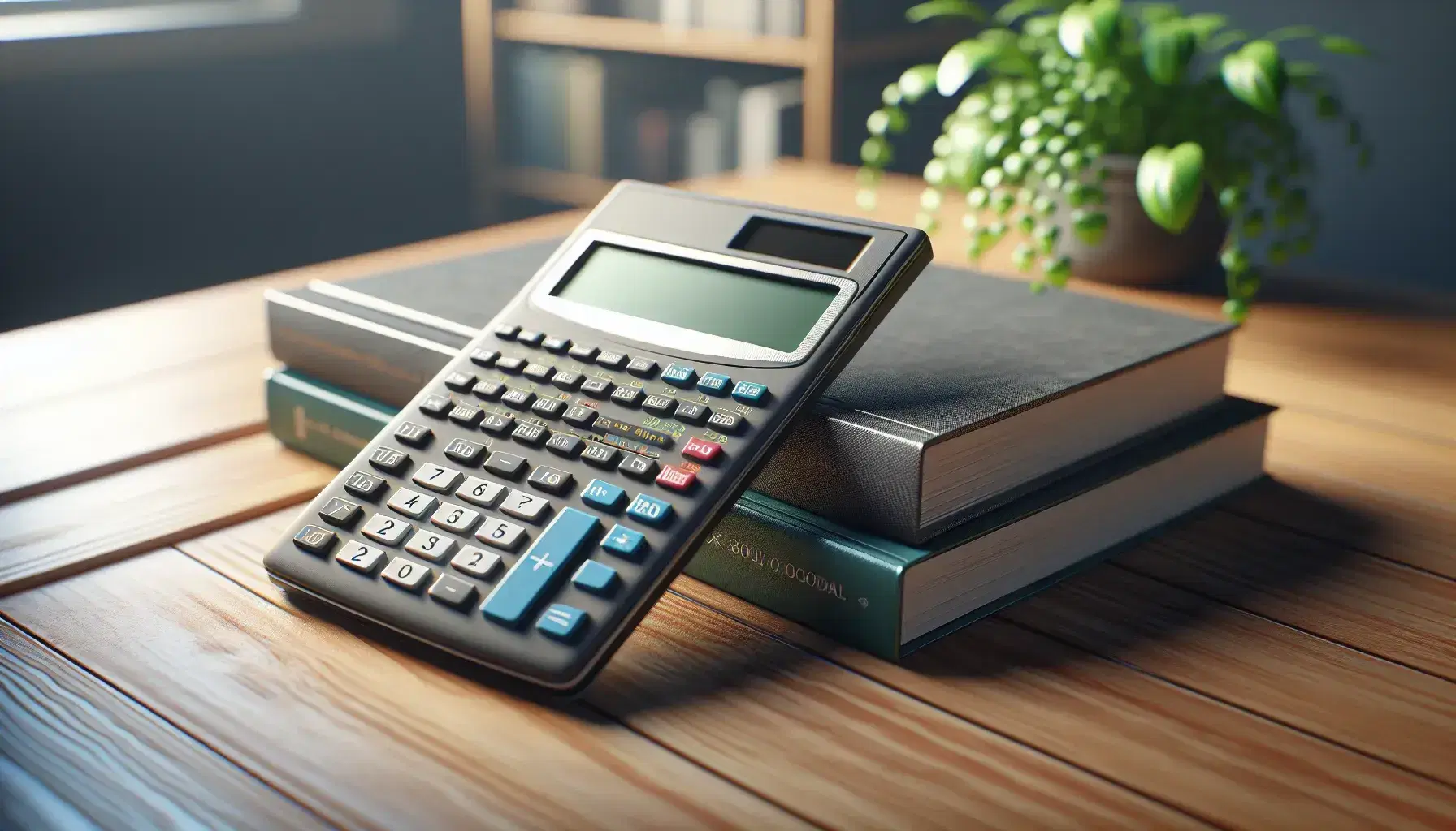 Scientific calculator on a wooden desk beside a stack of textbooks in blue, green, and red, with a blurred green potted plant in the background.