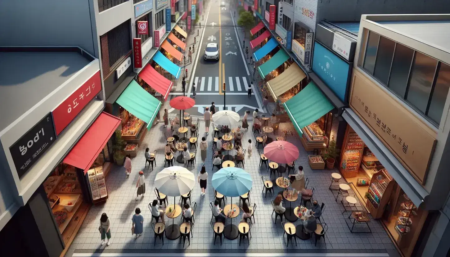 Vista aérea de calle comercial concurrida con tiendas de toldos coloridos y cafetería al aire libre, personas paseando en un día soleado sin nubes.