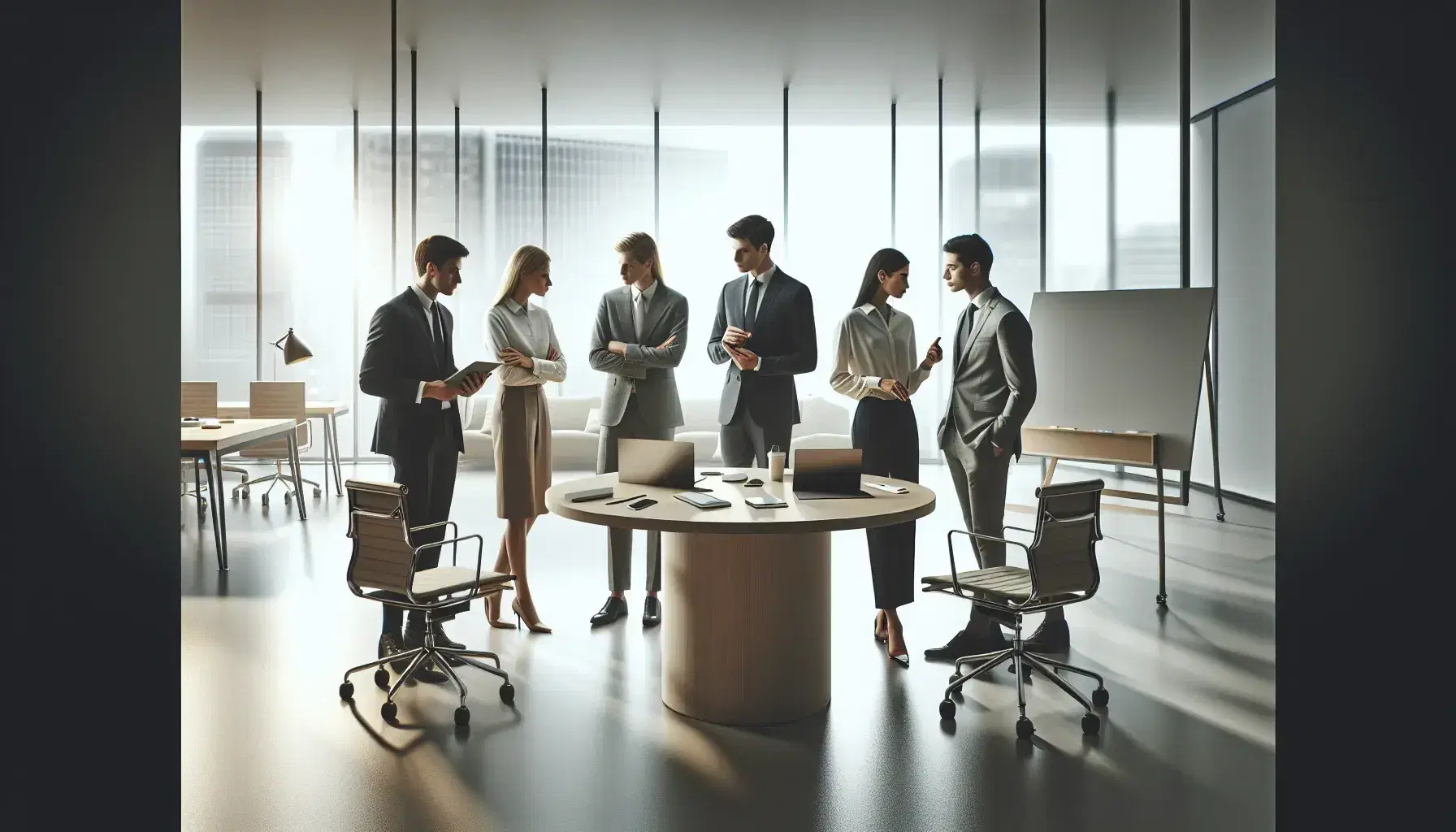 Grupo de cinco profesionales en reunión de trabajo en una oficina iluminada naturalmente, con dispositivos electrónicos sobre una mesa redonda.