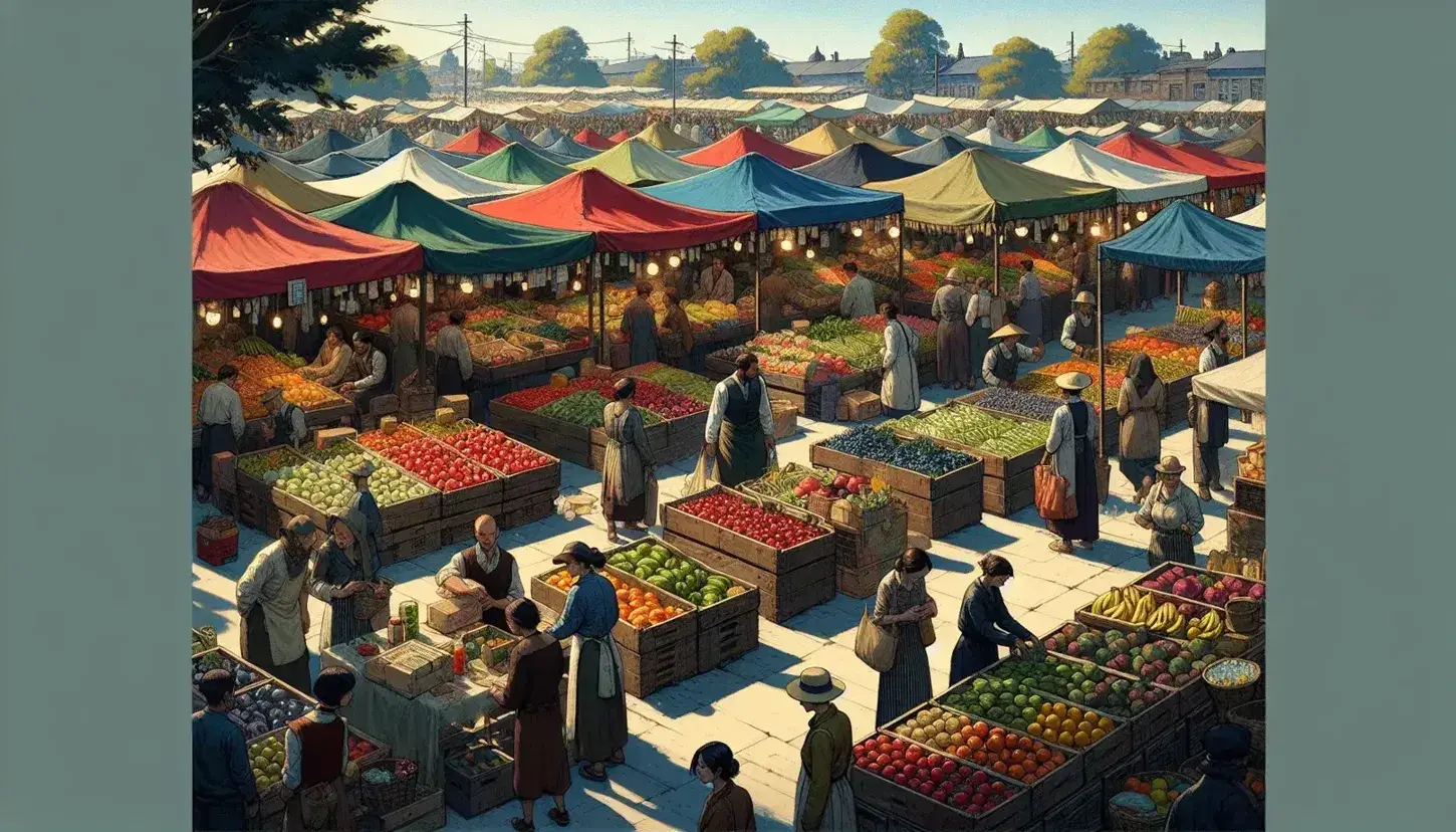Mercado al aire libre con puestos de frutas y verduras coloridas, gente comprando y vendedores atendiendo bajo un cielo azul.